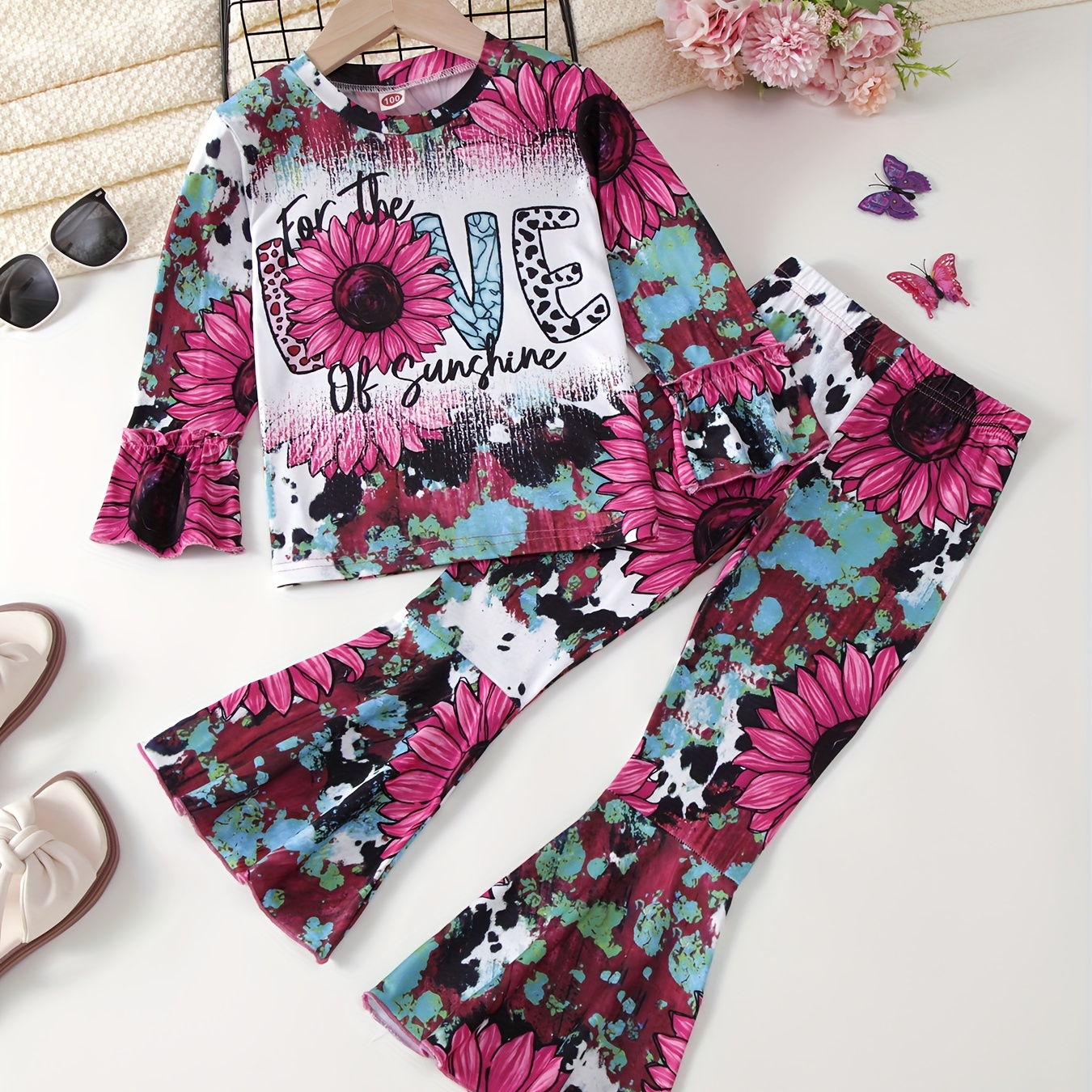 

2pcs Sunflower Print Sets Girls, For The Love Of Sunshine Print Top & Flare Pants, Kids Clothes Gift