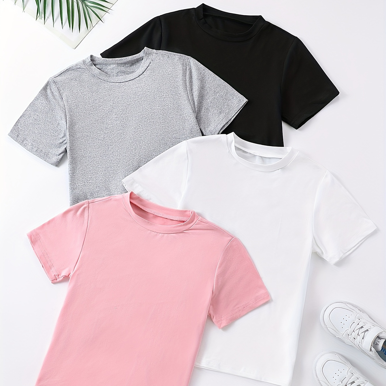 

4pcs Girls Solid Versatile Short Sleeve T-shirt Set Summer Clothes Gift Party