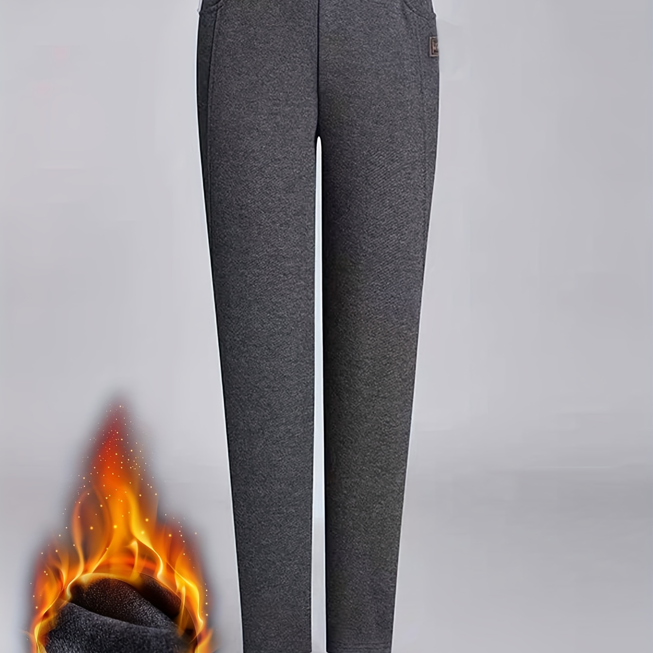 

Cozy Dark Gray Fleece-lined Tapered Pants For Women - Casual High-waisted Mom Jeans With Pockets, Warm & Comfortable, Fall/winter, Machine Washable