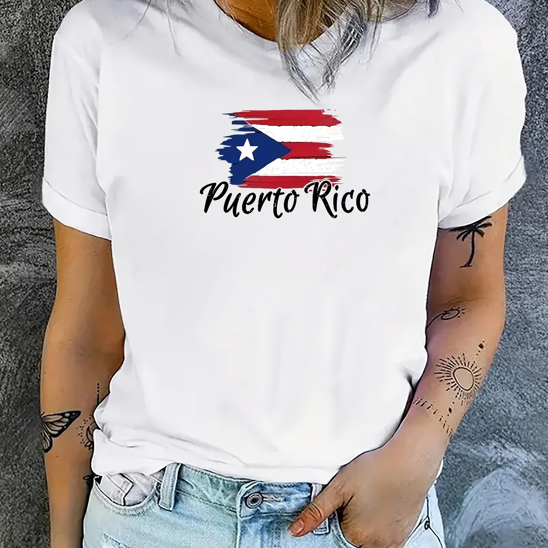 

Women's Puerto Rico Flag Graphic T-shirt, Casual Round Neck Short Sleeve Sports Tee, Comfortable Top For Daily Wear