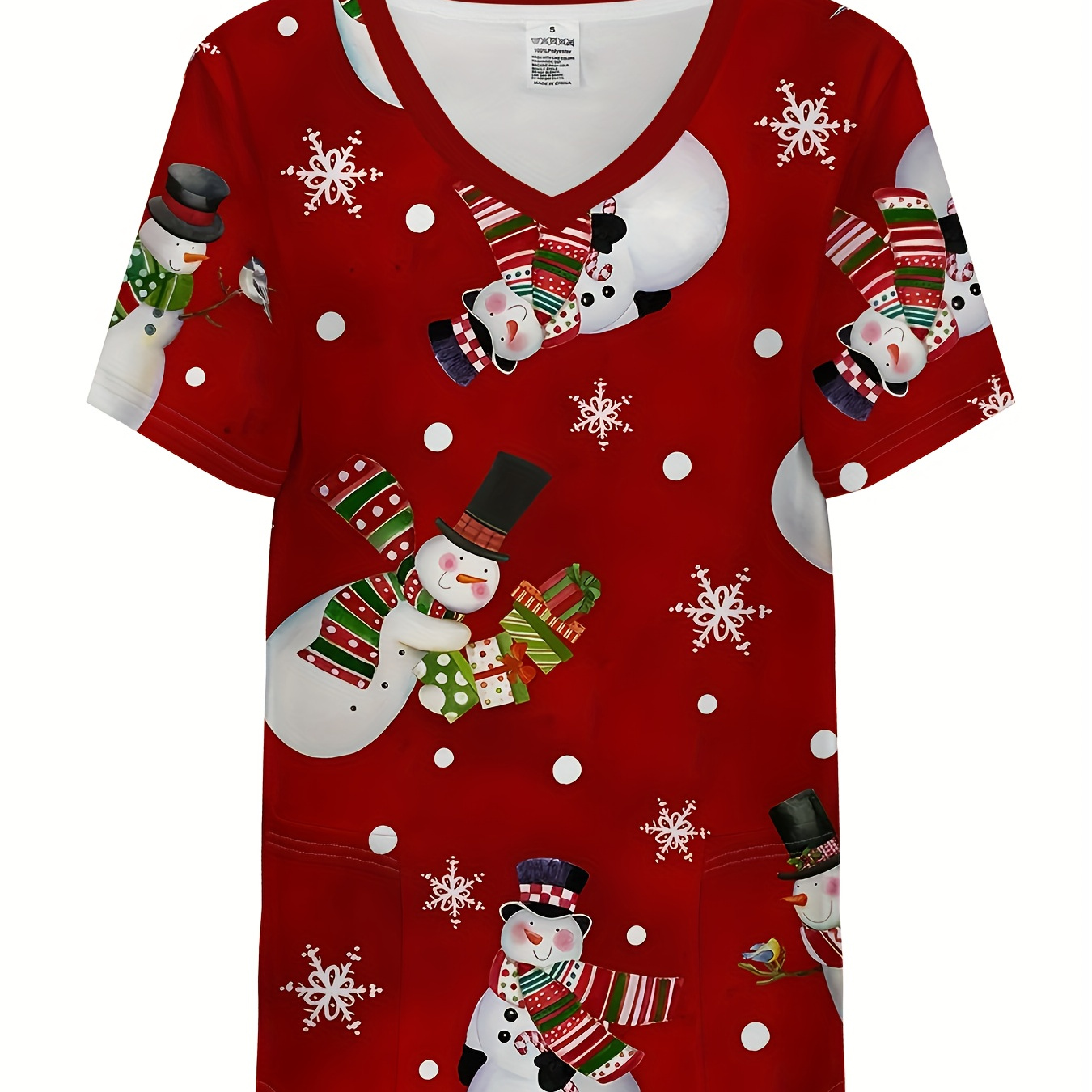 

Women's Christmas Snowman Print V-neck T-shirt, Casual Polyester Knit Fabric Top With Short Sleeves, Slight Stretch, Regular Fit Pullover With Pocket - Elegant Summer Collection Nurse Uniform