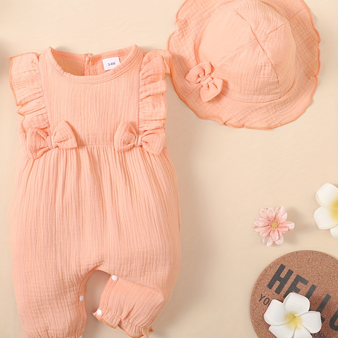 

Stay Cool In Summer: 2pcs Baby Girl's Cotton Muslin Romper With Hat Set