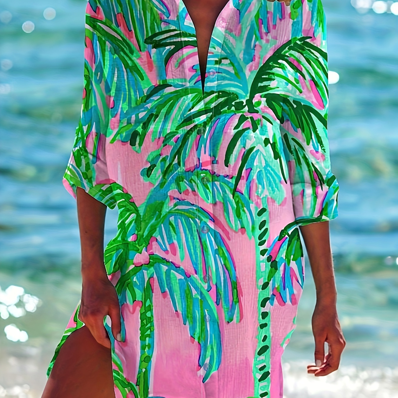 

Beach Print Colorblock Button Up Dress, Vacation 3/4 Sleeve Dress, Women's Clothing