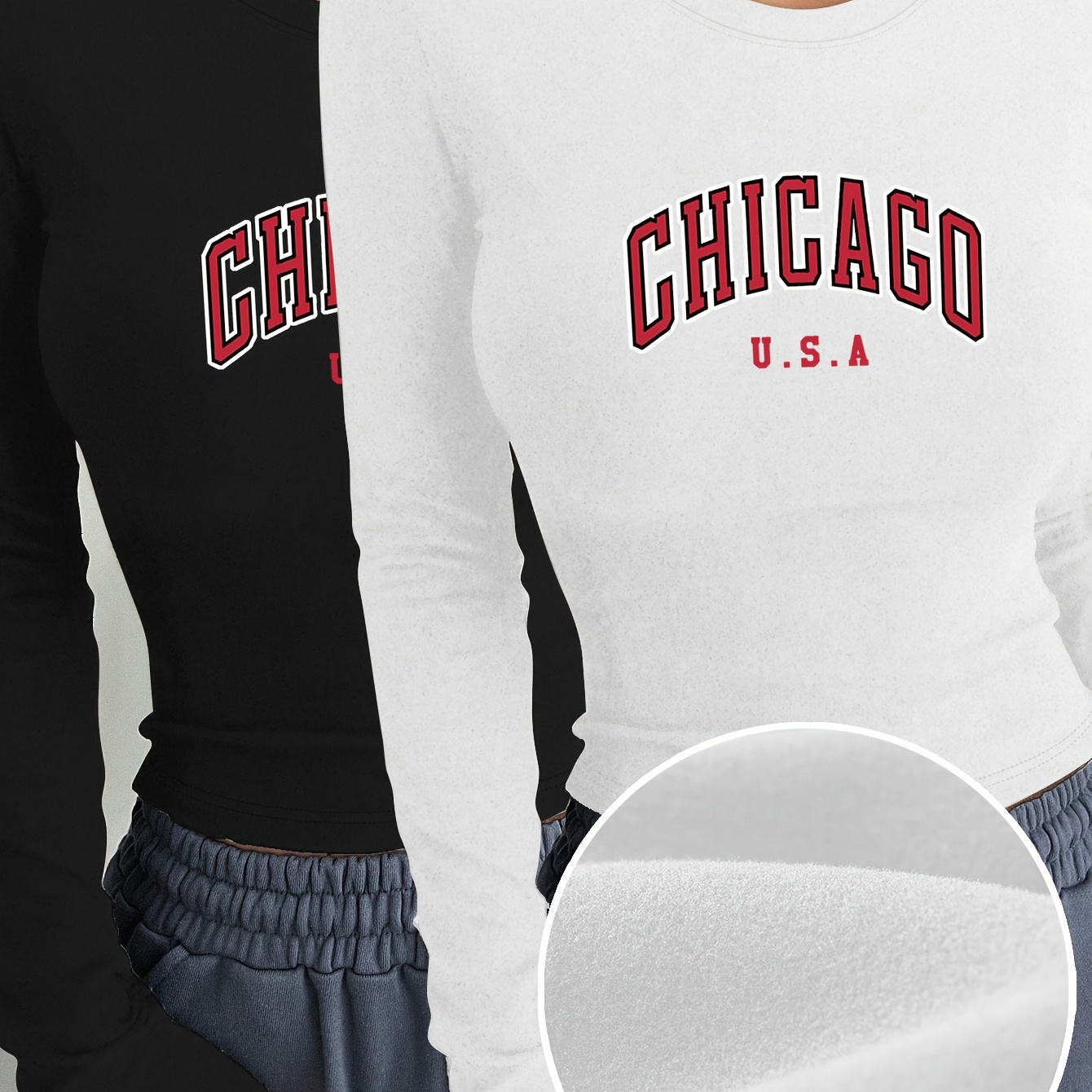 

2-pack Women's Long Sleeve T-shirts, Chicago . Letter Print, Elegant Round Neck, Stretchy Polyester, Short Length, Regular Sleeves, Pullover Fit, No Padding, Slim Fit, Knit Fabric, For Fall/winter