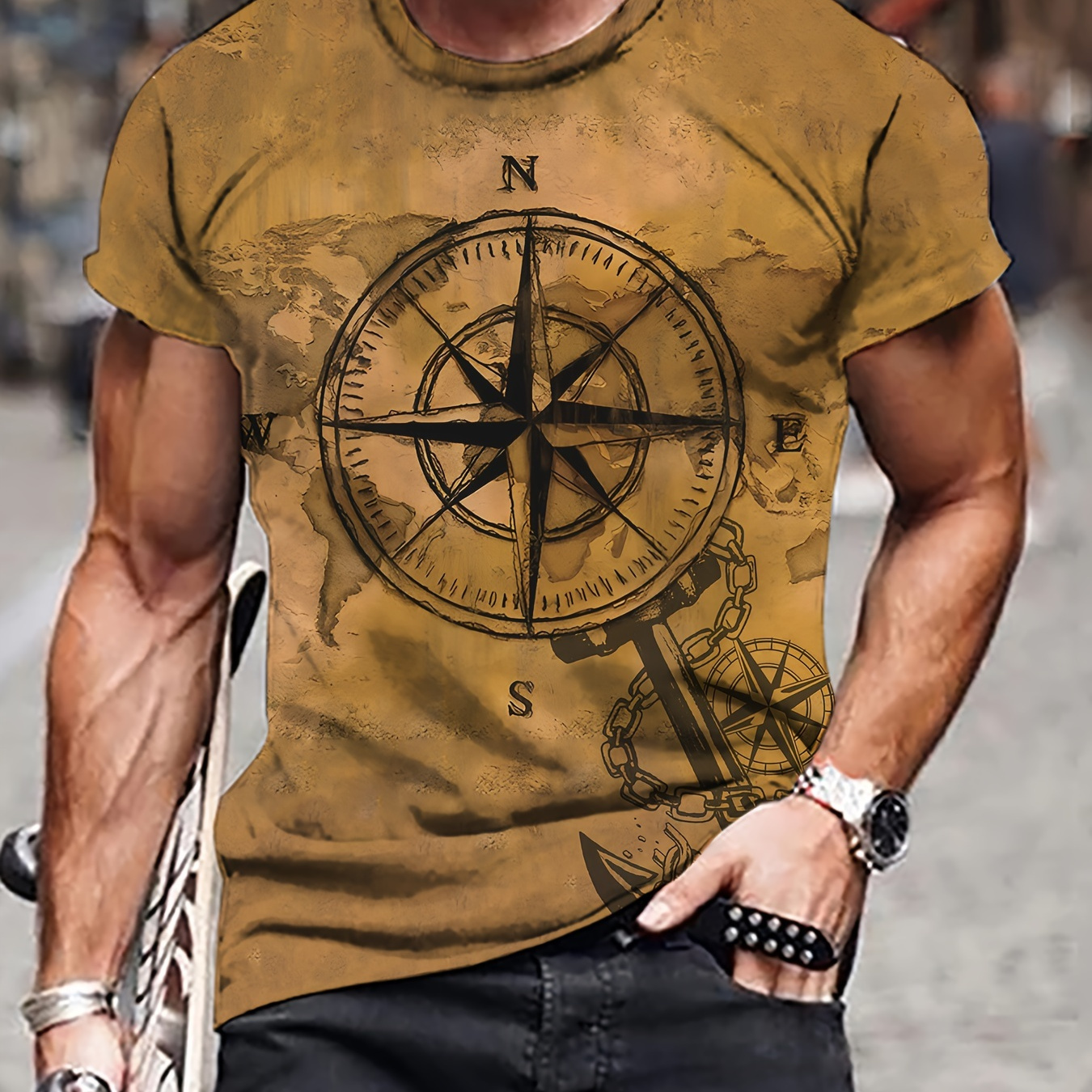 

Men's Compass Print T-shirt, Casual Short Sleeve Crew Neck Tee, Men's Clothing For Outdoor