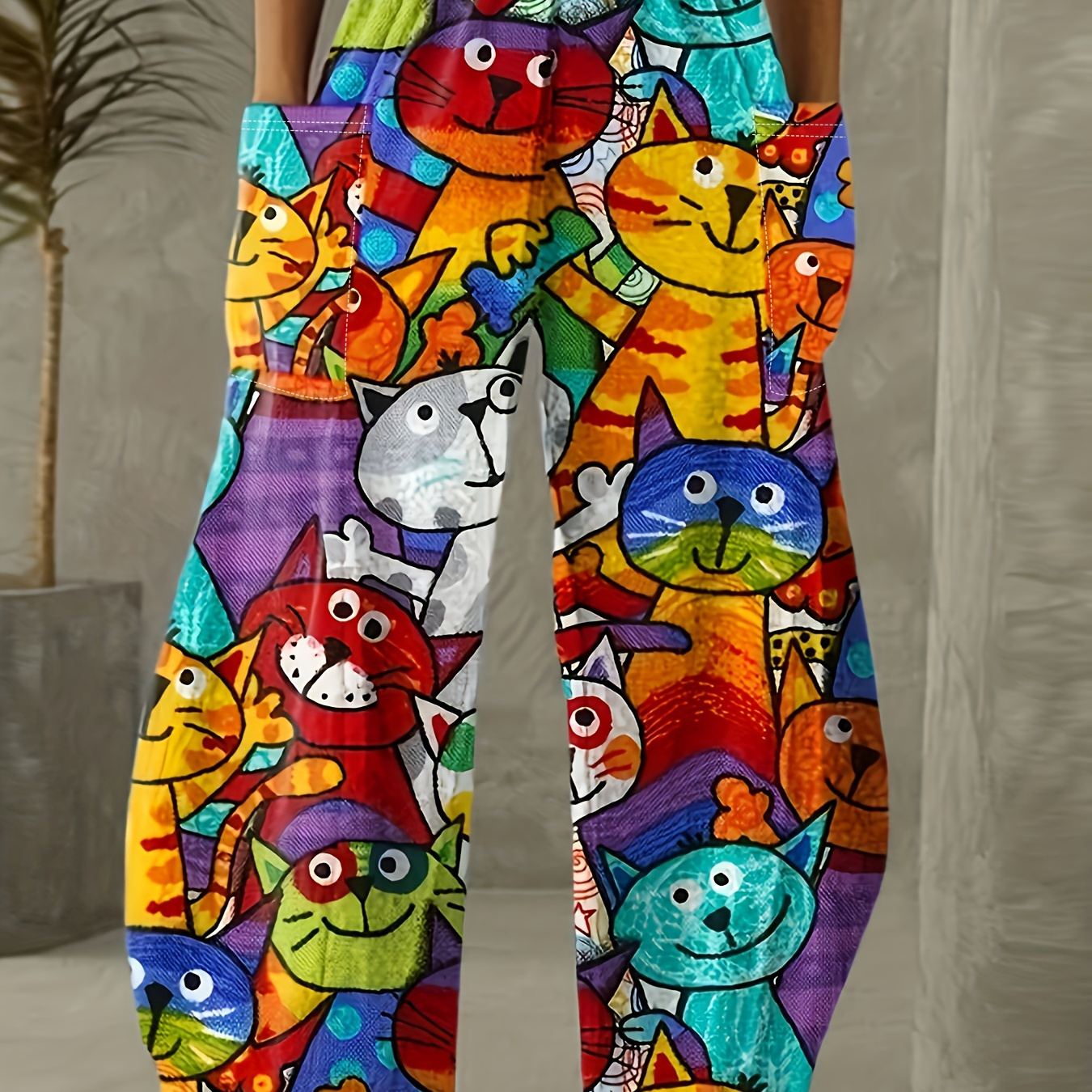 

Colorful Cat Print Baggy Pants, Casual Pocket Elastic Waist Pants, Women's Clothing