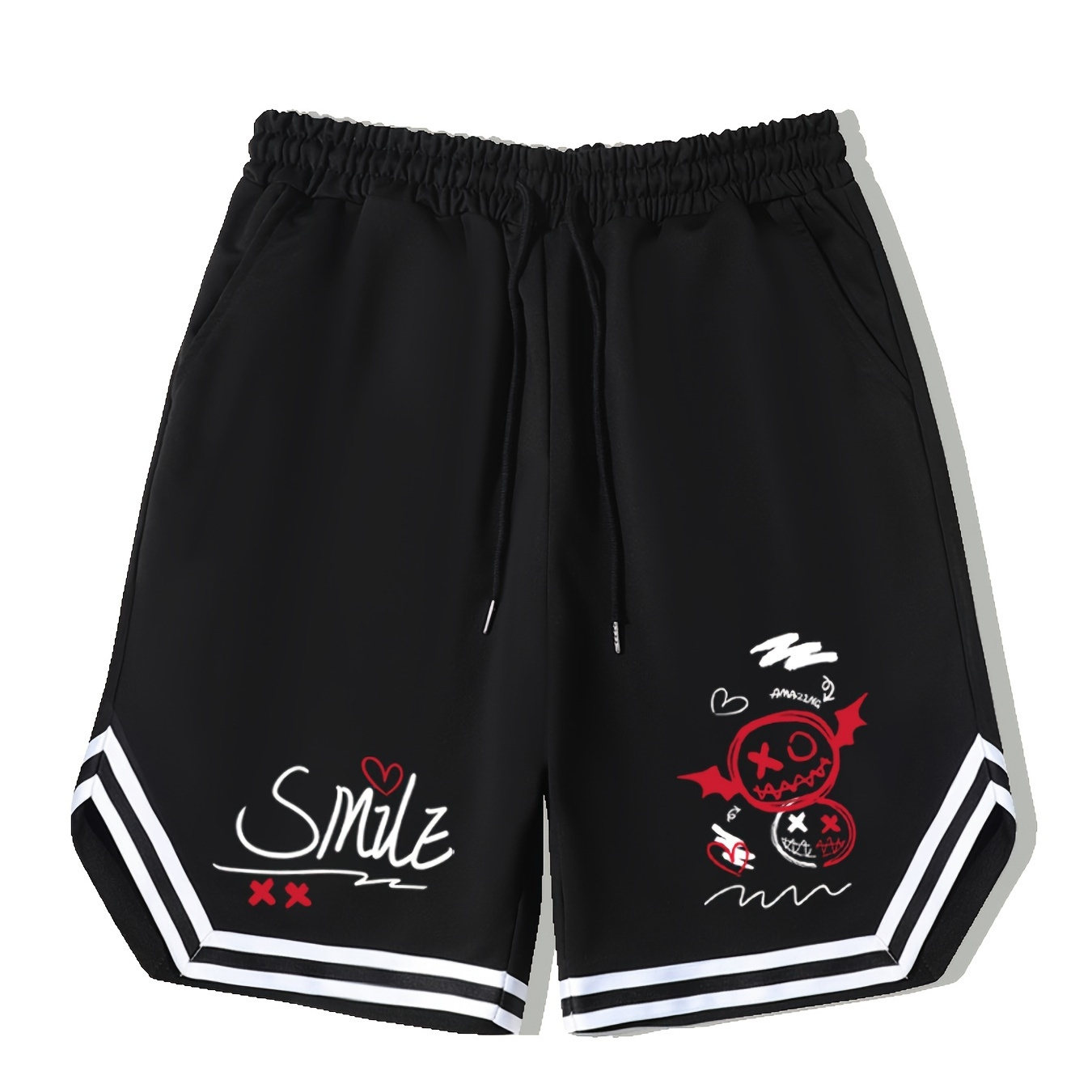 

Men's Graffiti Smile Graphic Basketball Shorts, Casual Slightly Stretch Drawstring Shorts For Workout Outdoor, Men's Clothing For Summer