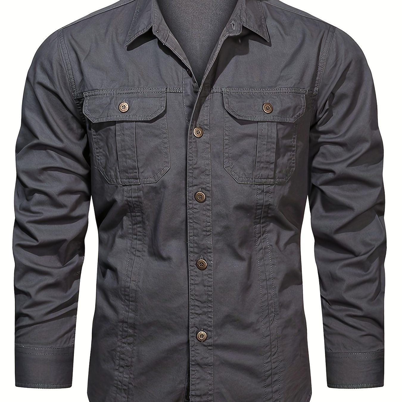 

Men's Solid Color Casual Long Sleeve Cargo Shirt, Regular Fit Button-up Collar Outdoor Shirt Top For Spring/autumn
