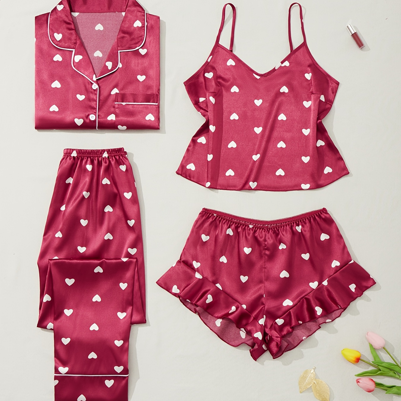 4pack Heart Pattern Silk Satin Pajama Pants Blouse Shorts Cami Tops Set