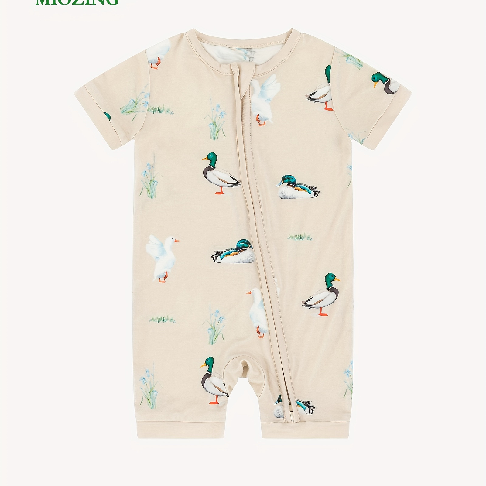 

Miozing Bamboo Fiber Bodysuit For Baby, Cartoon Duck Pattern Zip Up Short Sleeve Onesie, Infant & Toddler Girl's Romper