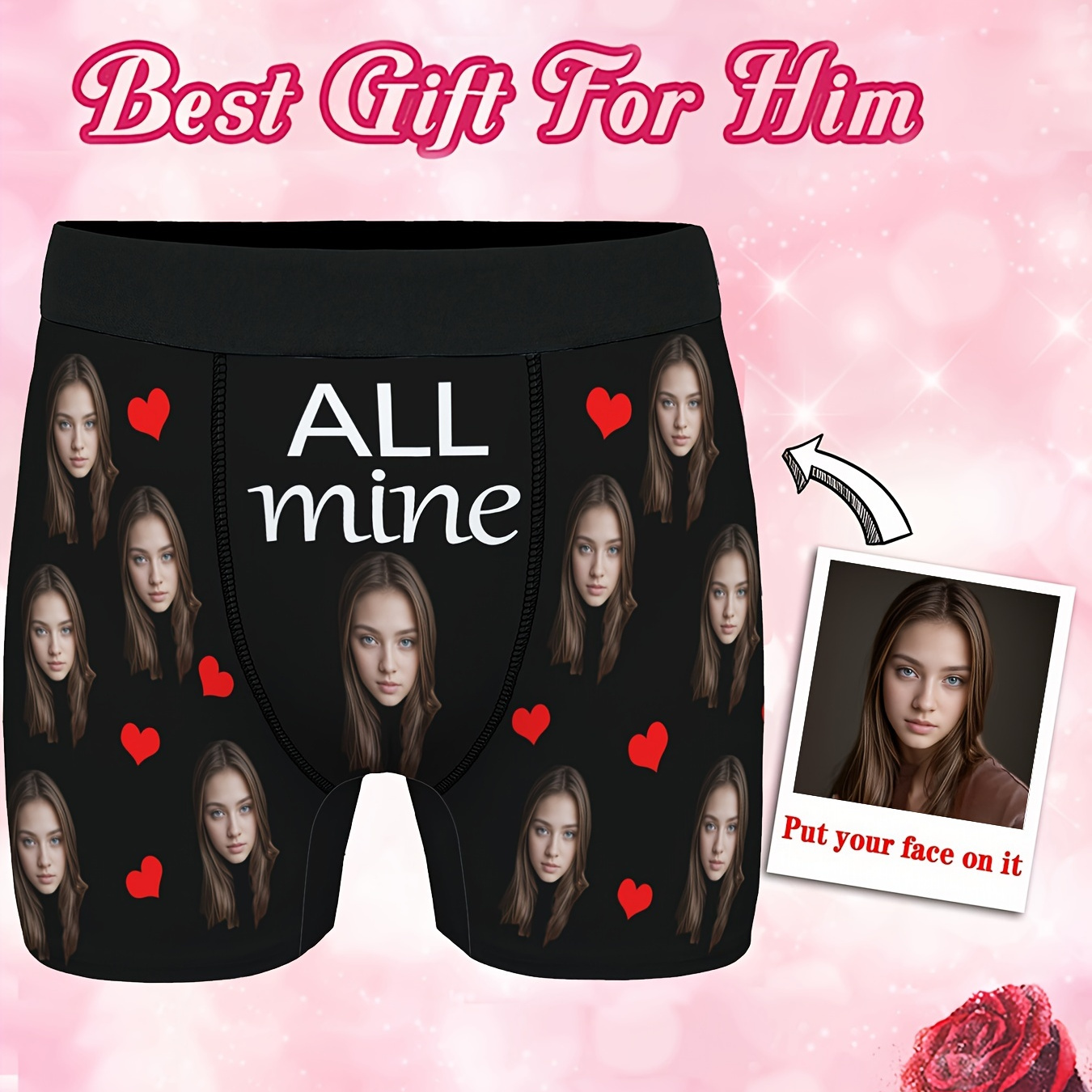 

Custom Men's Underwear With Face Photo Personalized For Boyfriend Husband, All Mine Print Fashion Boxer Briefs High Elastic Comfortable Underpants Holiday Gifts For Him