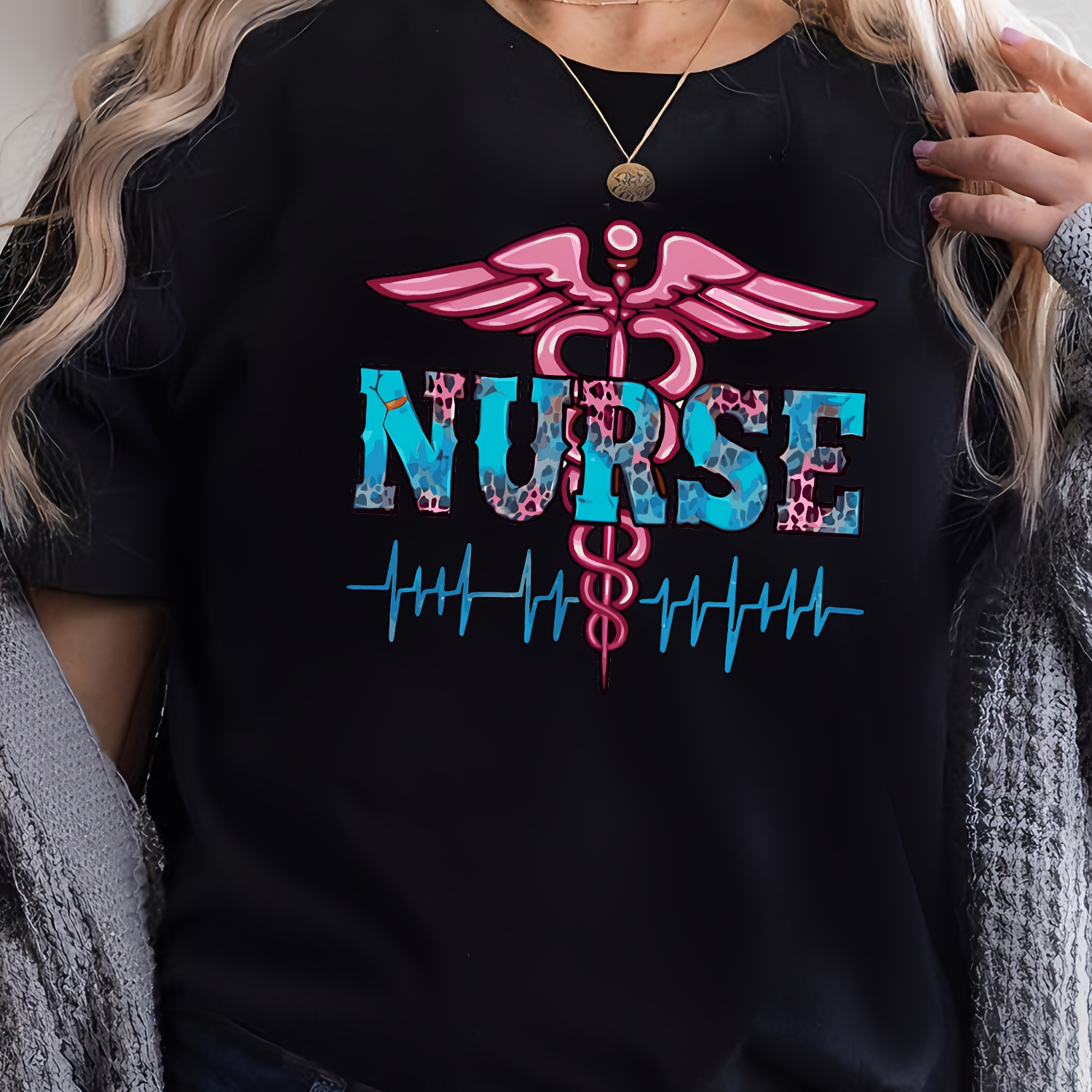 

Nurse Print T-shirt, Casual Crew Neck Short Sleeve Top For Spring & Summer, Women's Clothing