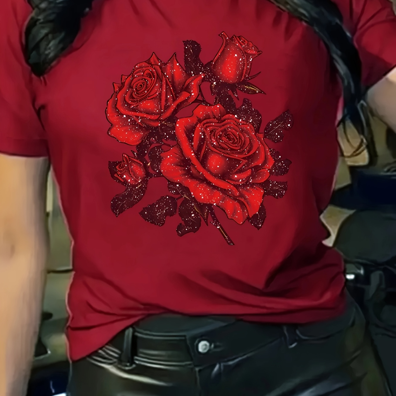 

1pc T-shirt Femme Imprimé Rouge - Haut Décontracté à Col Rond Manches Courtes, 95% Polyester 5% Tissu Élasthanne, Vêtement de Mode Toutes