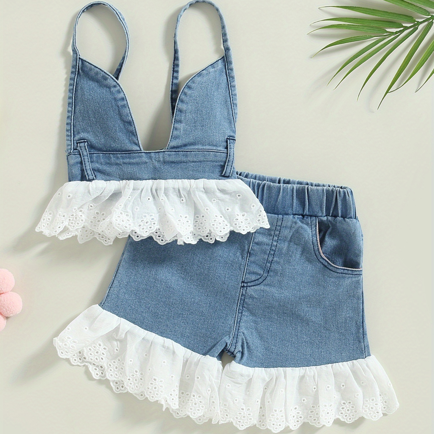 

0-5y Fashion Kids Baby Girls Summer Clothes Sets Lace Denim Patchwork Backless Camisole And Elastic Casual Shorts Set