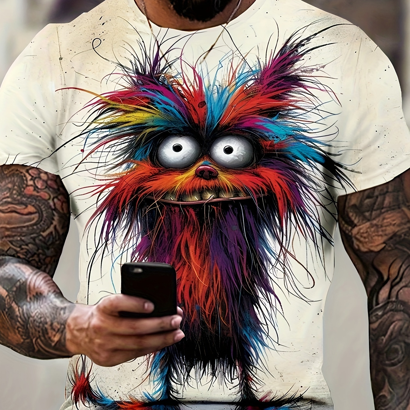 

Men's 3d Digital Animation Style Dog With Colorful Fur Pattern Crew Neck Short Sleeve T-shirt, Novel And Stylish Tops For Summer Street Wear
