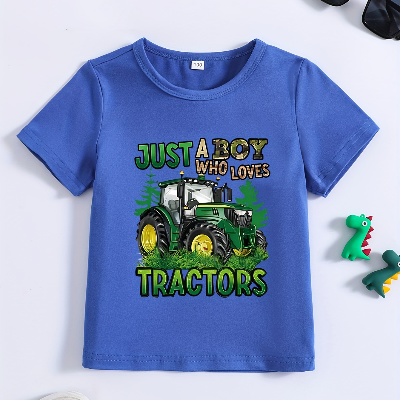 

Just A Boy Who Loves Tractors Print Boy's Crew Neck T-shirt, Short Sleeve Comfy Versatile Tee Tops, Summer Casual Clothing