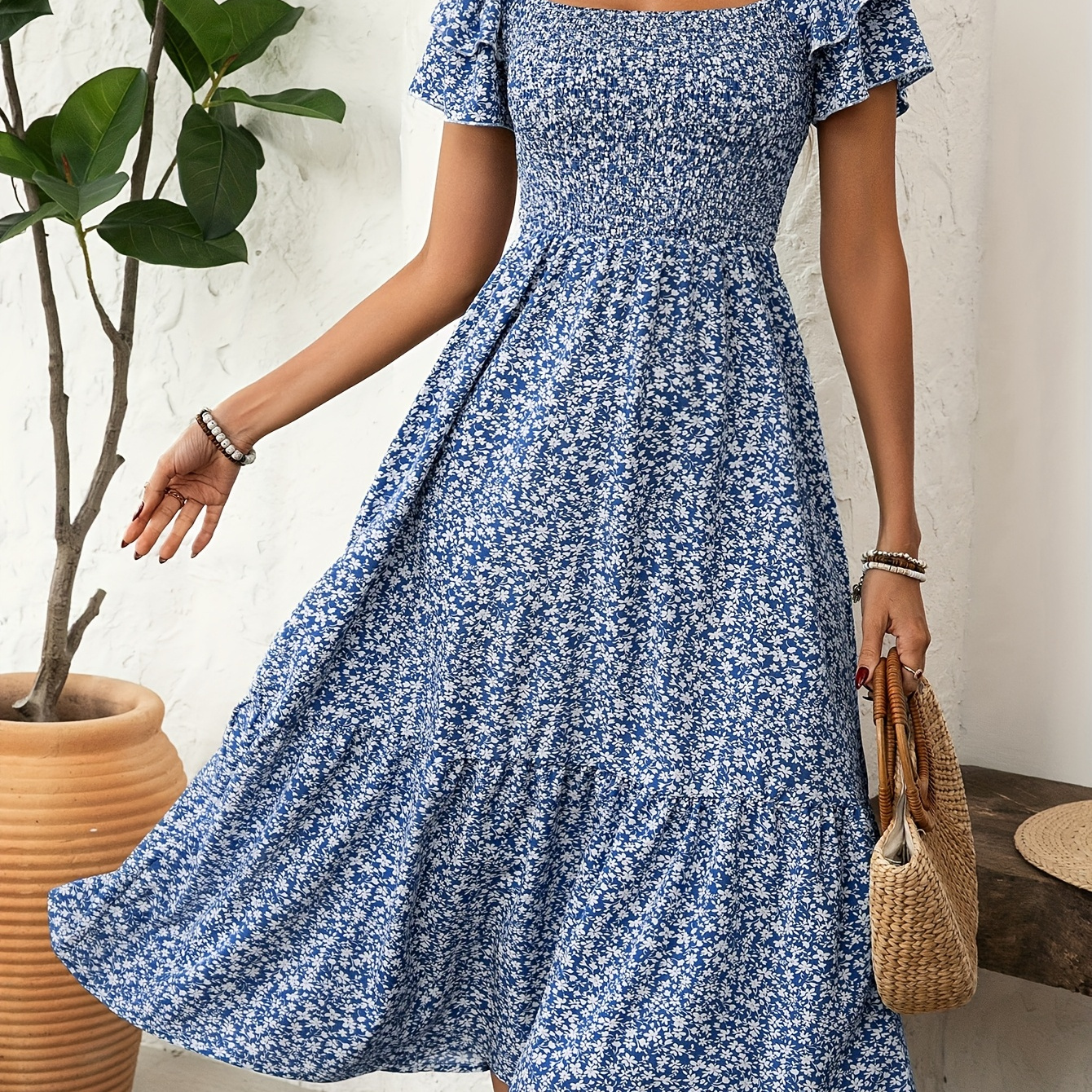 

Elegant Floral Print Ruffle Hem Short Sleeve Dress For Women, Polyester Shirred A-line Midi Dress, With Square Neckline, For Spring/