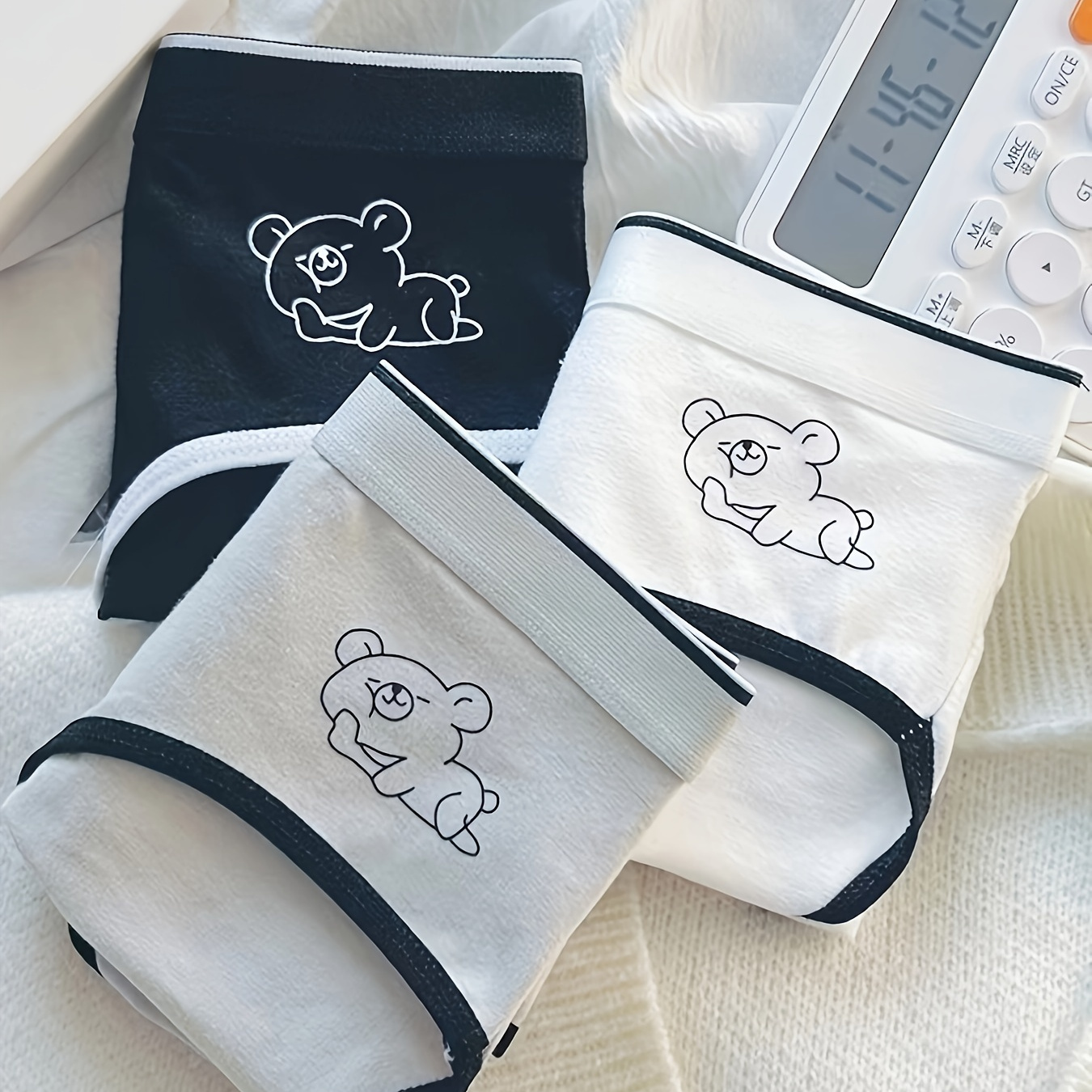 

3-pack Cute Bear Design Pure Cotton Panties For Women, Mid-rise Seamless Triangle Underwear In Black, White, And Grey, Comfortable Ladies Briefs
