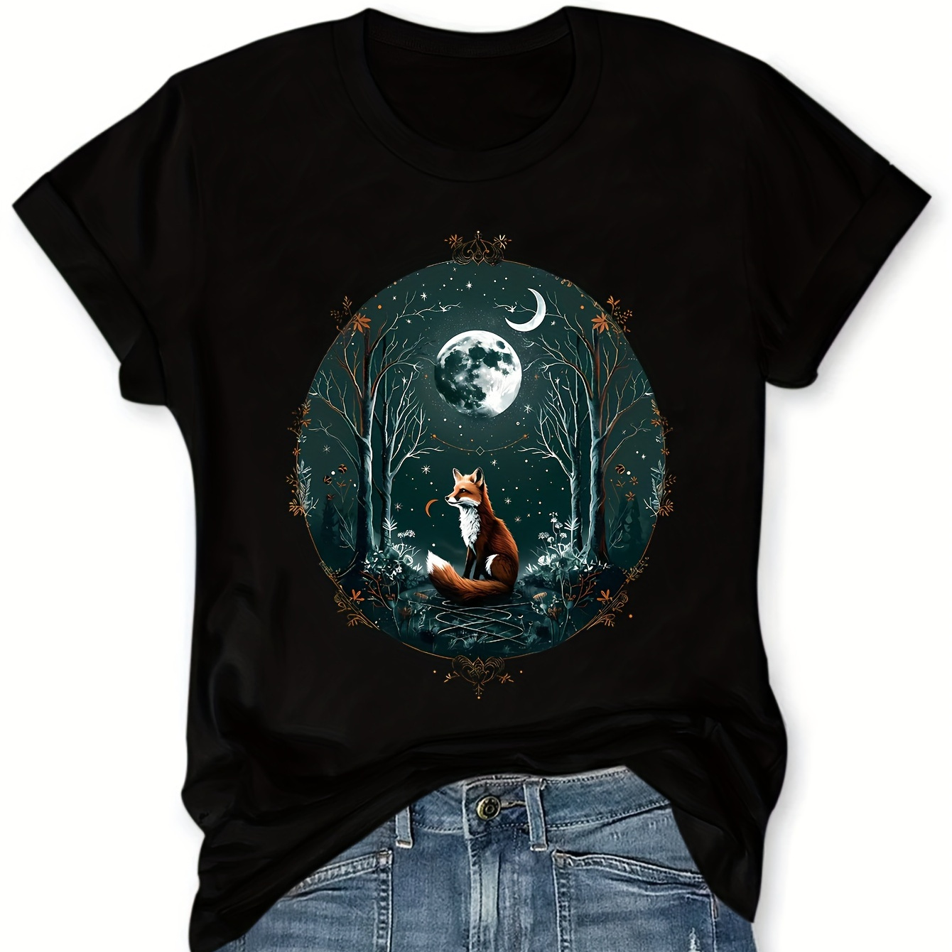 

Plus Size Moon & Fox Print T-shirt, Casual Crew Neck Short Sleeve T-shirt, Women's Plus Size clothing