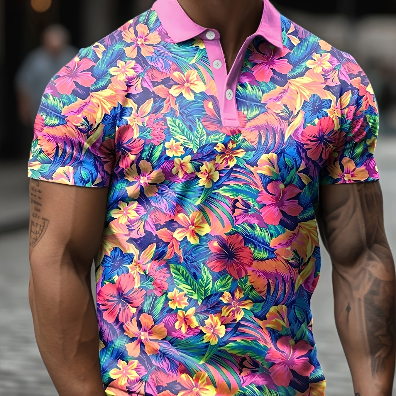 

Men's Trendy Flower Fantasy Short Sleeve Button Up Lapel Shirt, Comfy Male Shirt For Golf Sports, Gift For Men