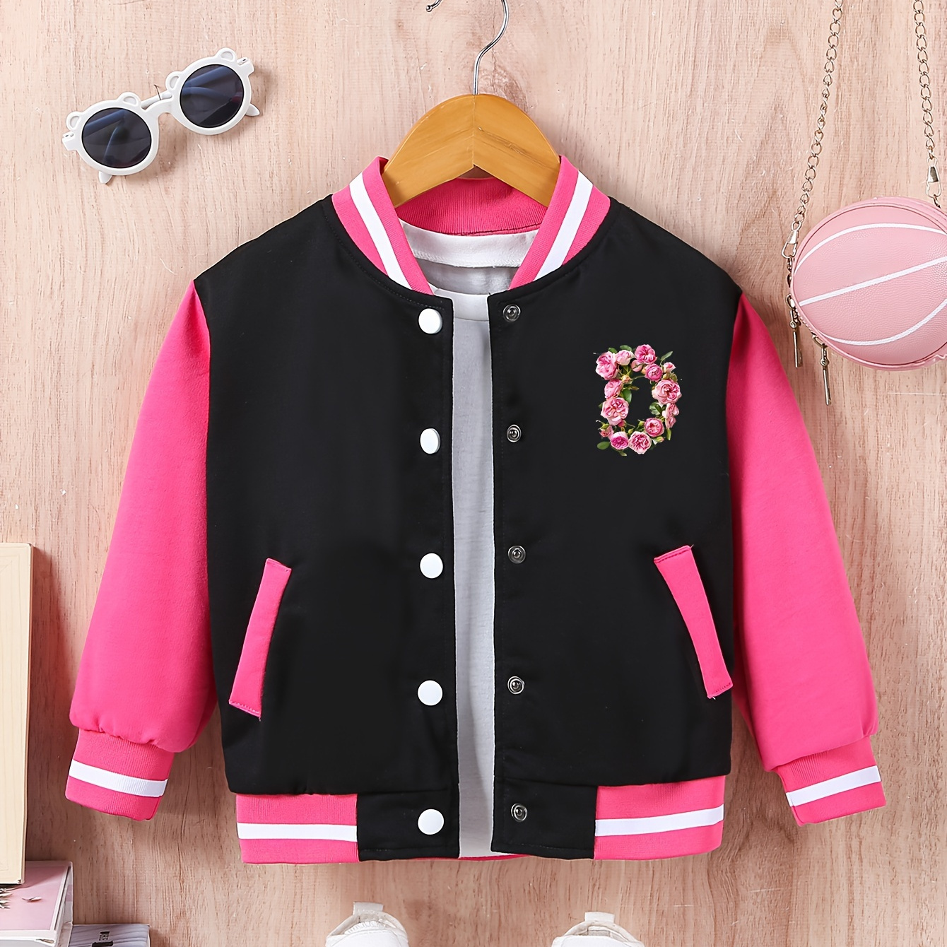 

Girls' Fashion Varsity Floral Letter D Bomber Jacket, Spring Autumn Casual Streetwear, College Style, Contrast Ribbed Cuffs & Hem