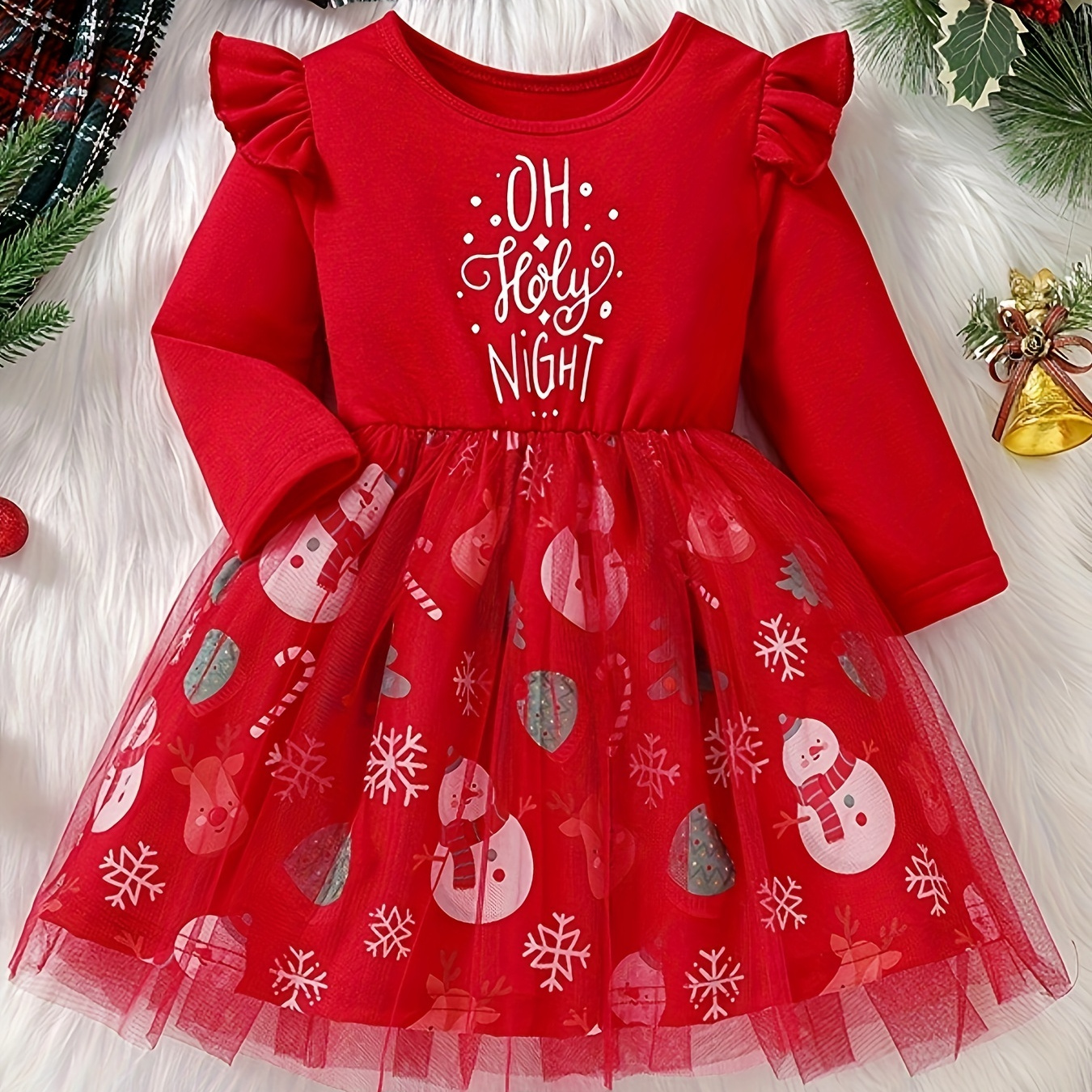 

Toddler Girls "oh Holy Night" & Snowman Print Flutter Trim Mesh Dress Tutu Dress Girls' Dresses For Party, Gift, Christmas