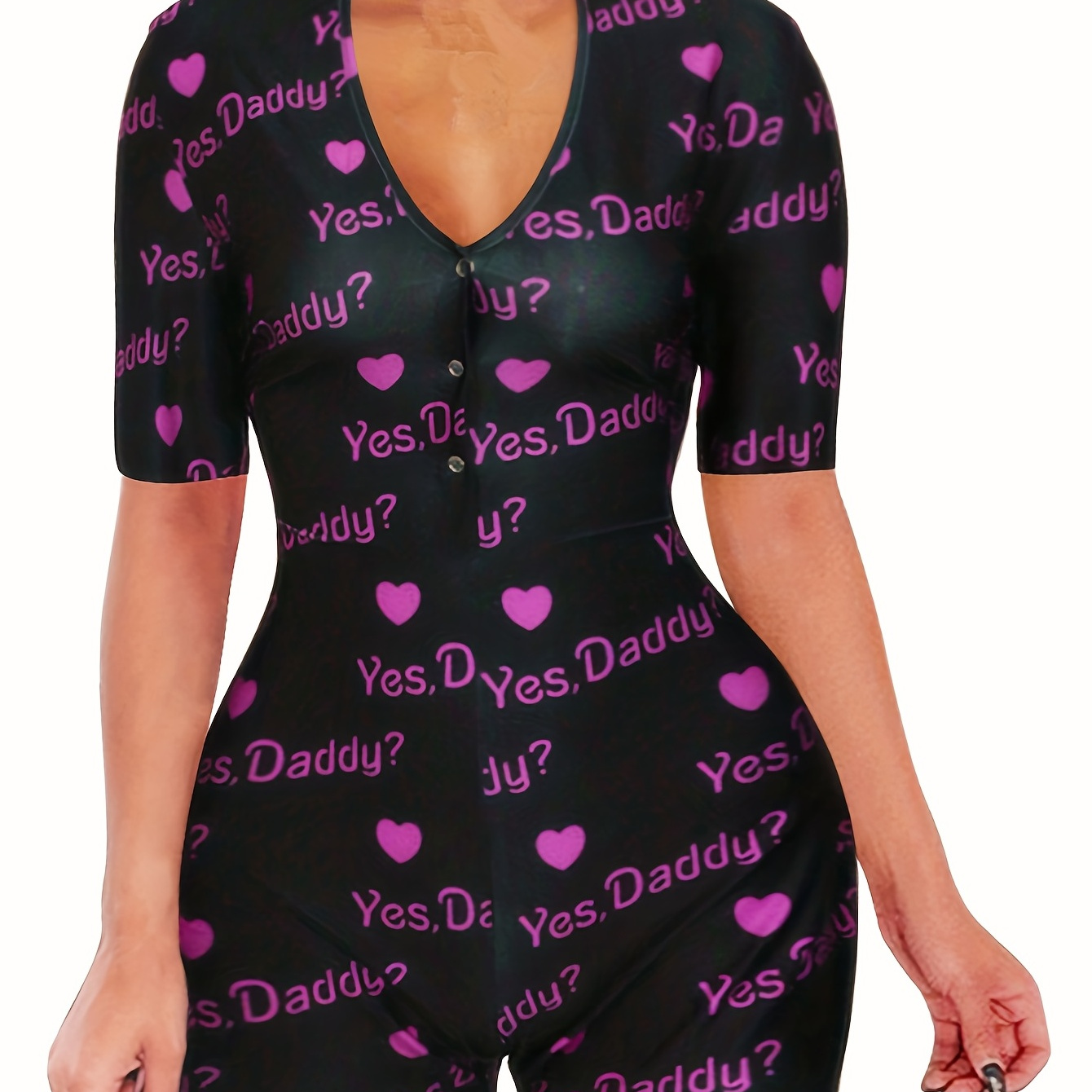 Letter & Heart Random Print Lounge Bodysuit, Comfort Front Button Short Sleeve One Piece Romper, Women's Loungewear & Sleepwear