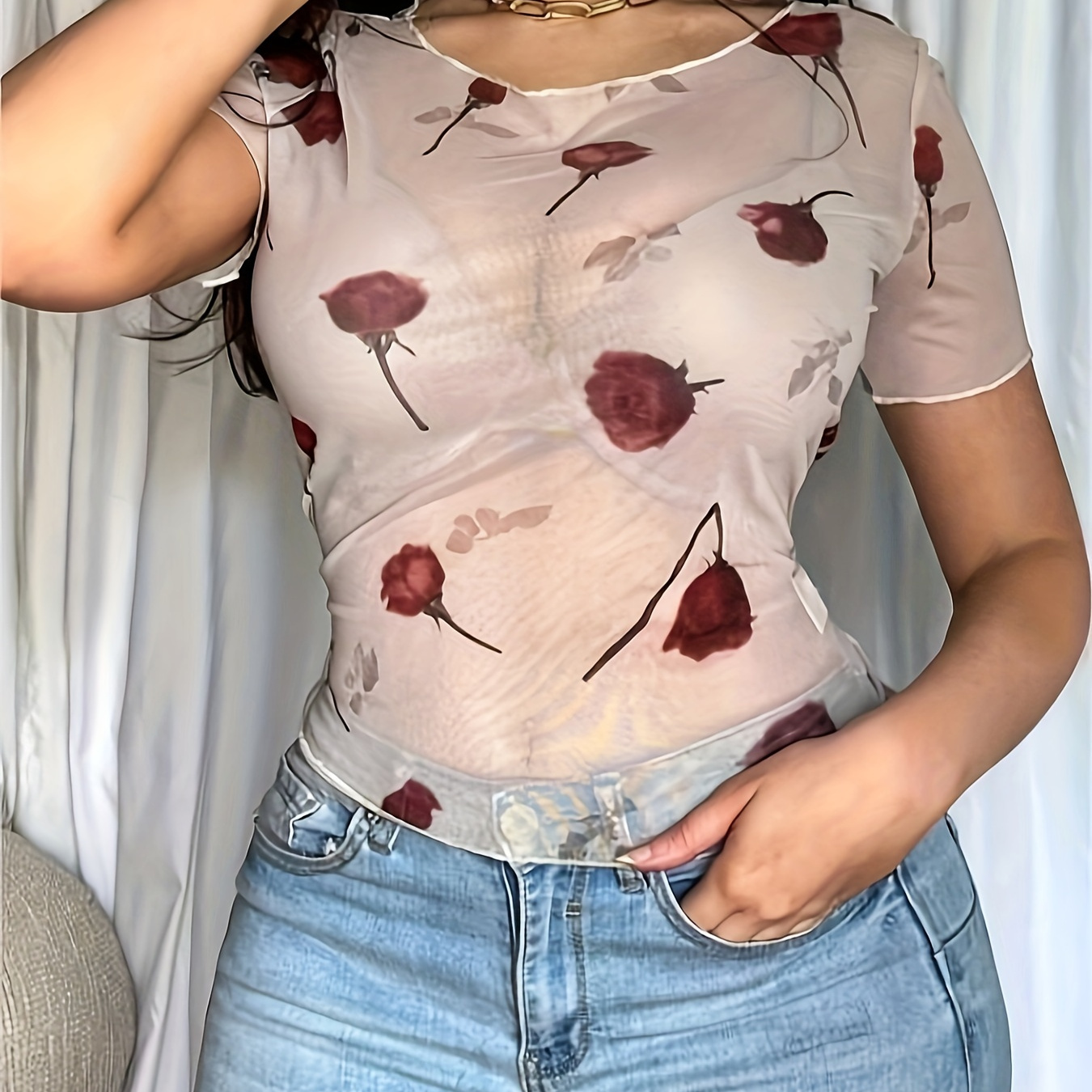 

Elegant Sheer Rose Print Mesh T-shirt For Women - Sexy Short Sleeve With High Stretch Polyester, Round Neckline, Machine Washable - Summer