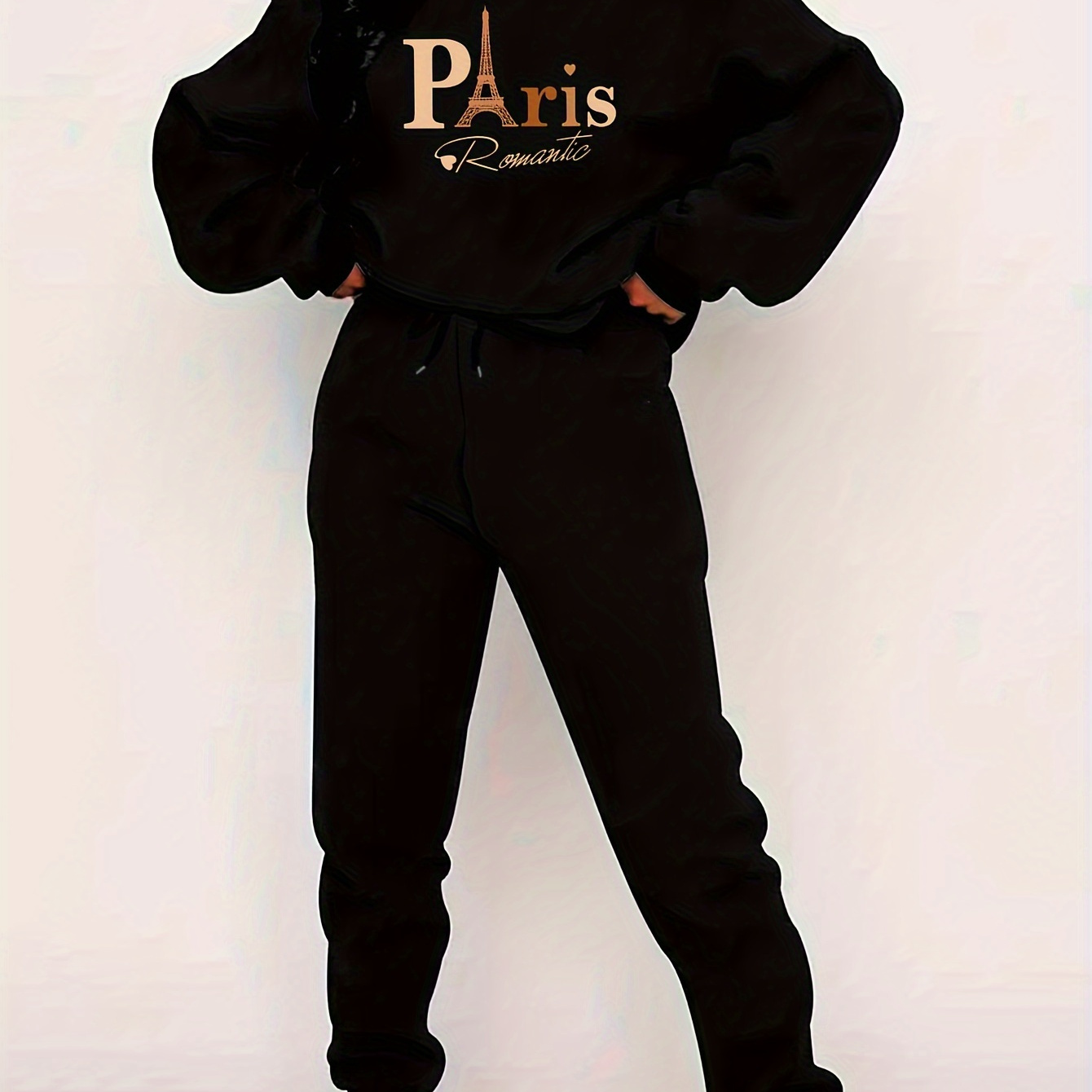 

Paris Alphabet Tracksuit Set For Women - 100% Polyester Crew Neck Sweatshirt And Pants With Applique Detail - Long Sleeve Knit Fabric Loungewear For Fall/winter