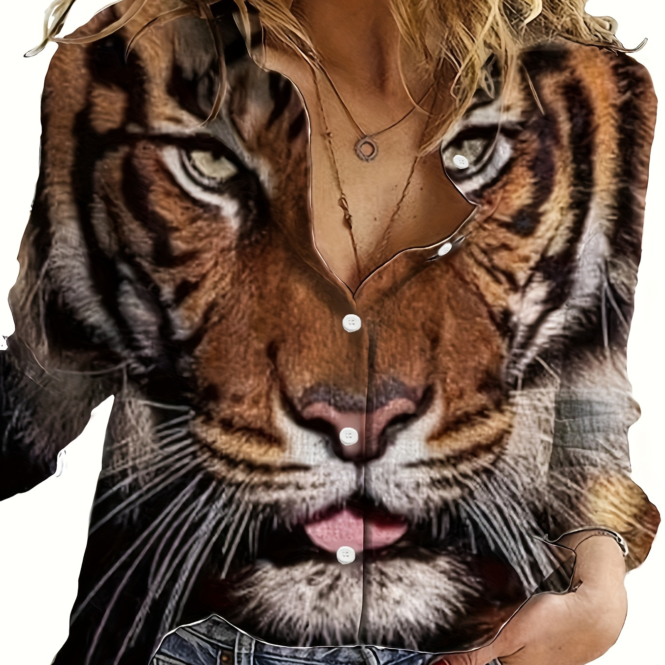 

Tiger Print Single-breasted Blouse, Casual Long Sleeve Blouse For Spring & Fall, Women's Clothing