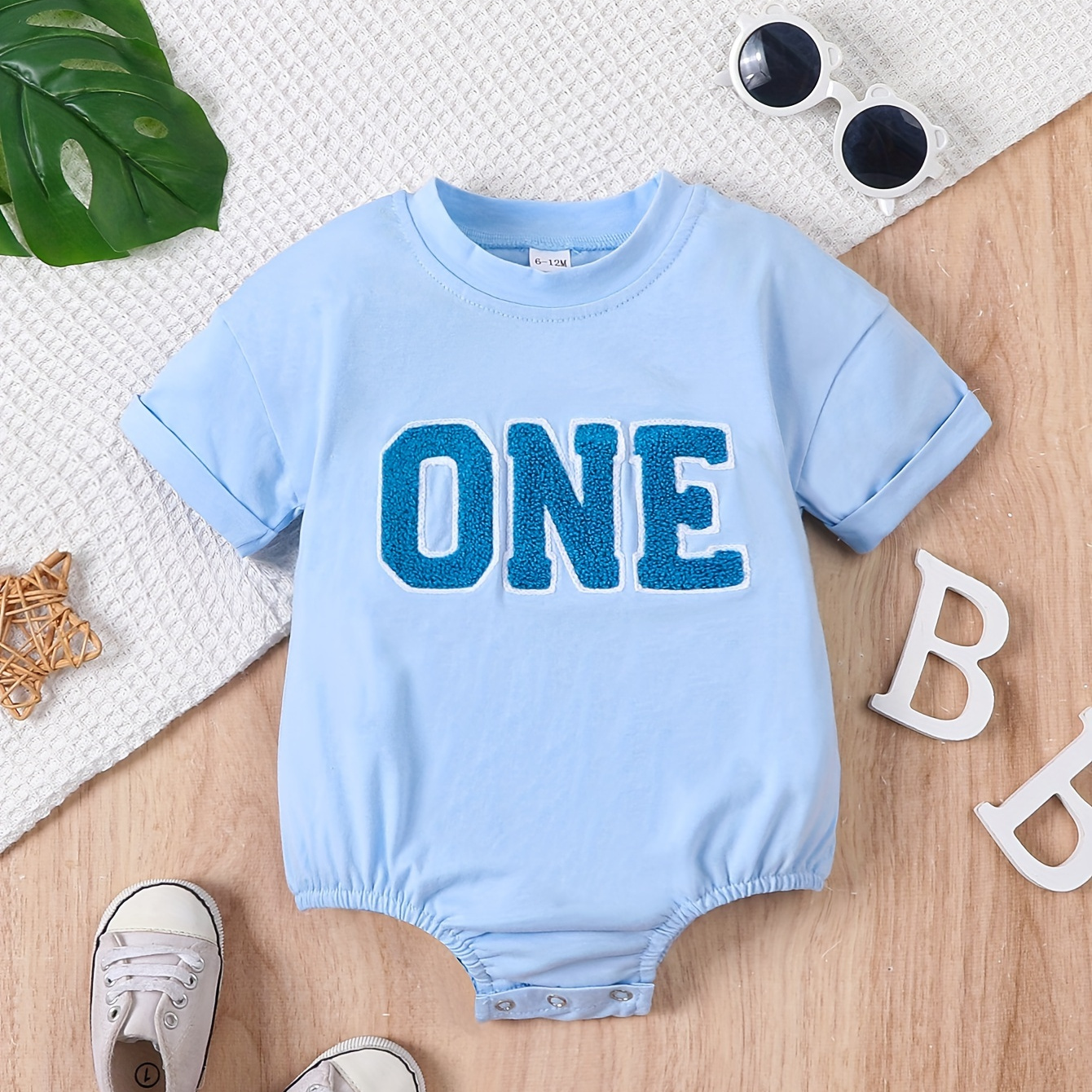 

Infant's 1 Embroidered Comfy Cotton Bodysuit, Casual Short Sleeve Romper, Baby Boy's Clothing
