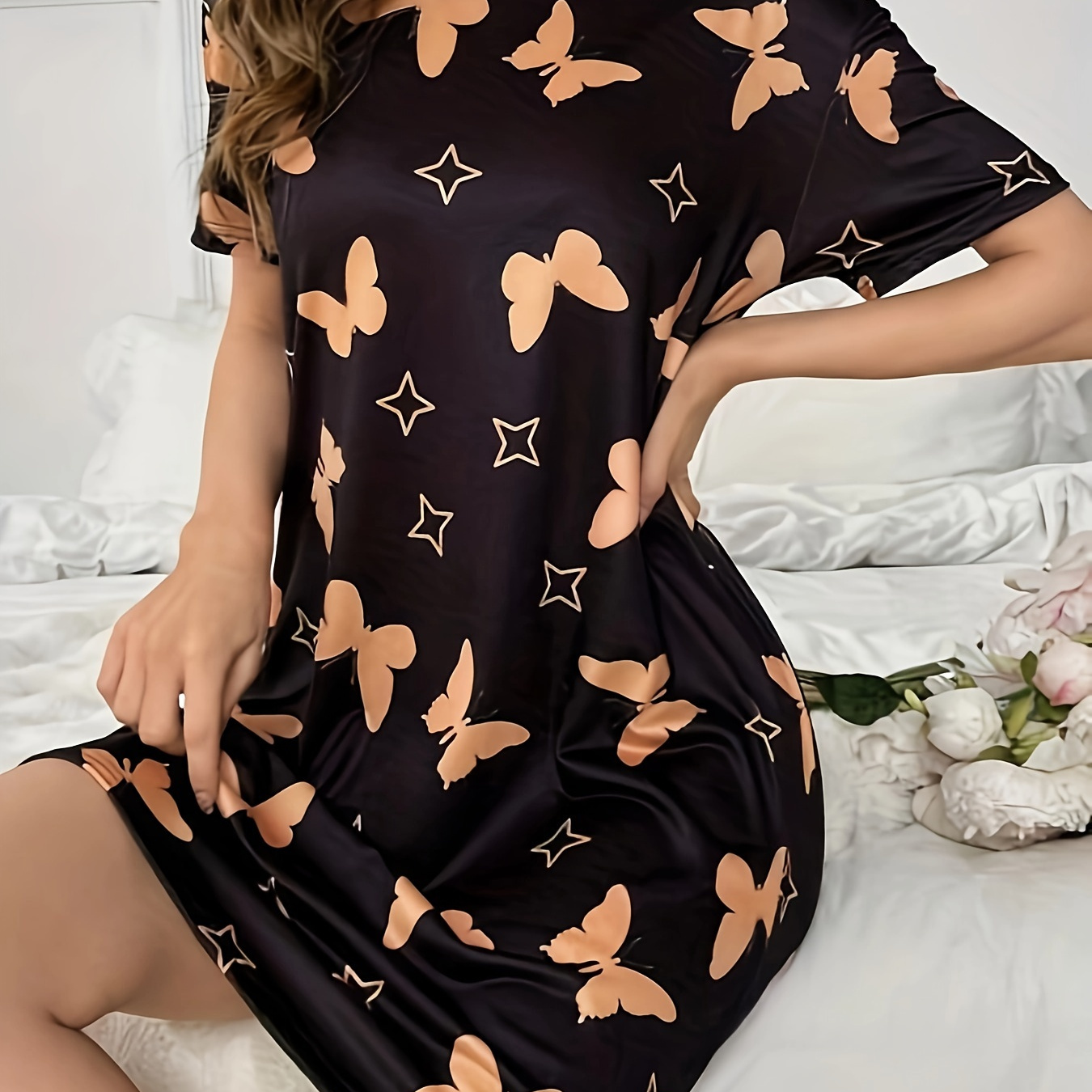 

Butterfly Print Nightgown, Casual Short Sleeve Round Neck Loose Fit Tee Dress, Women's Sleepwear