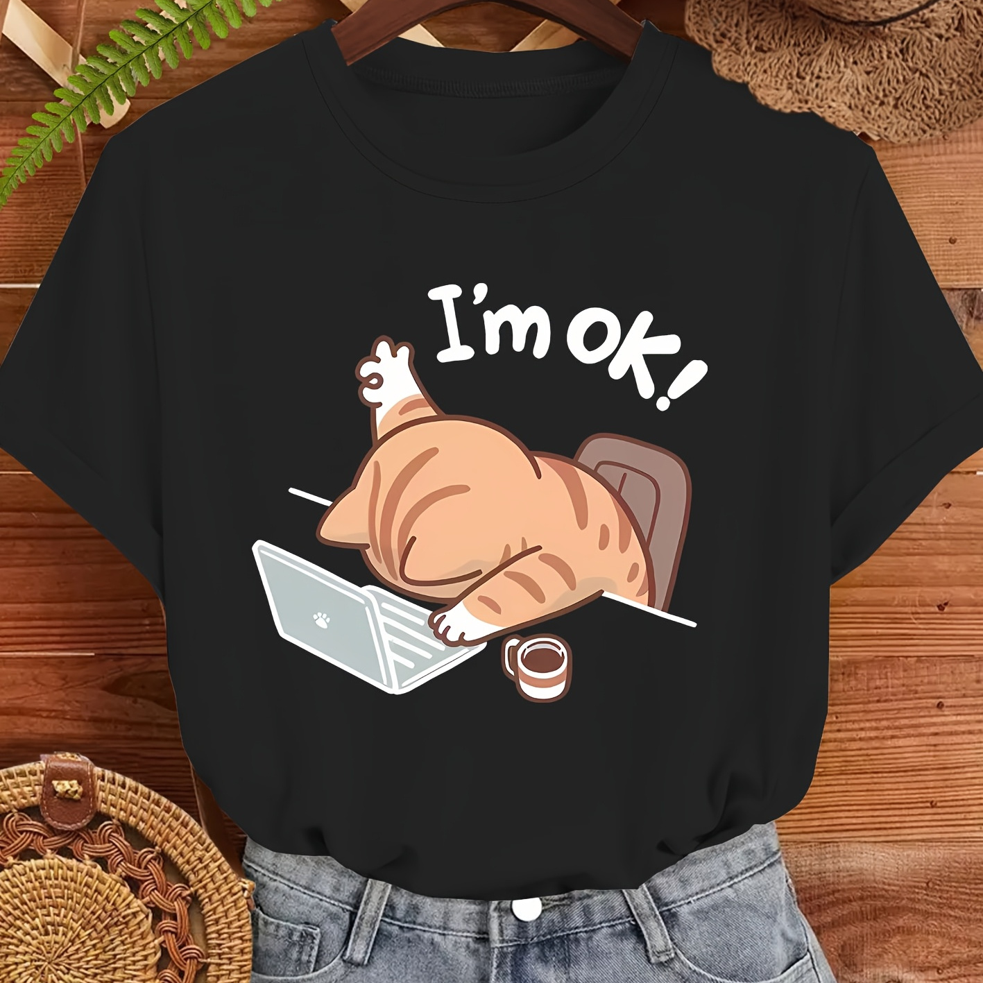 

Women's Cute "i'm Ok" Cat Graphic T-shirt - Casual Round Neck Short Sleeve Tee, Beige With Stylish Sleeping Cat Design, Spring/summer/fall, Casual Wear Tee | Humorous Graphic Shirt | Smooth