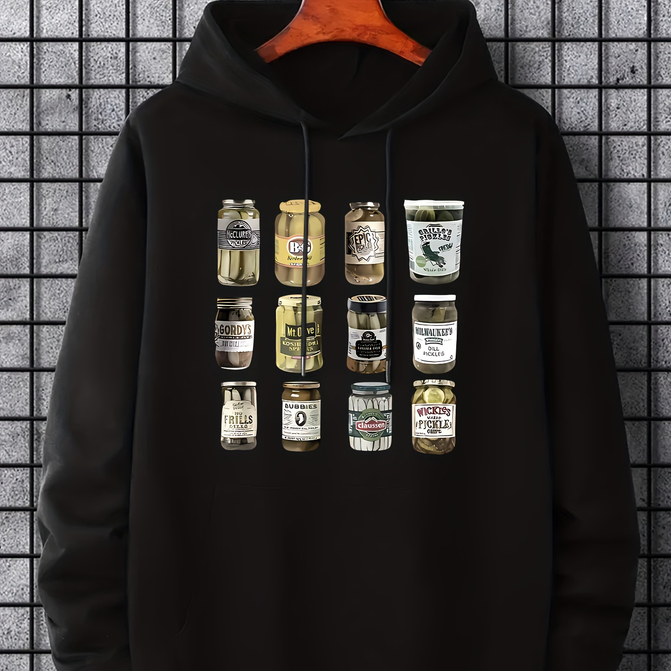 

Comic Pickle Jar Print Hoodie, Cool Hoodies For Men, Men's Casual Graphic Design Pullover Hooded Sweatshirt With Kangaroo Pocket Streetwear For Winter Fall, As Gifts