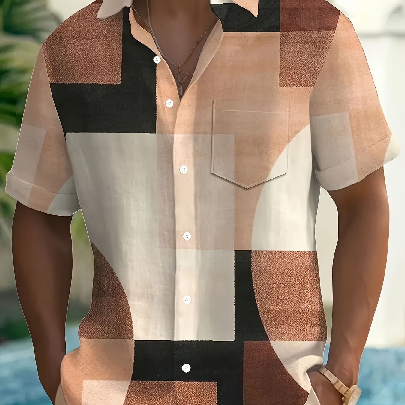 

Chemise Décontractée pour Homme à Manches Courtes avec Bouton et Poche, Imprimé Géométrique 3D Vintage, Haut d'Été