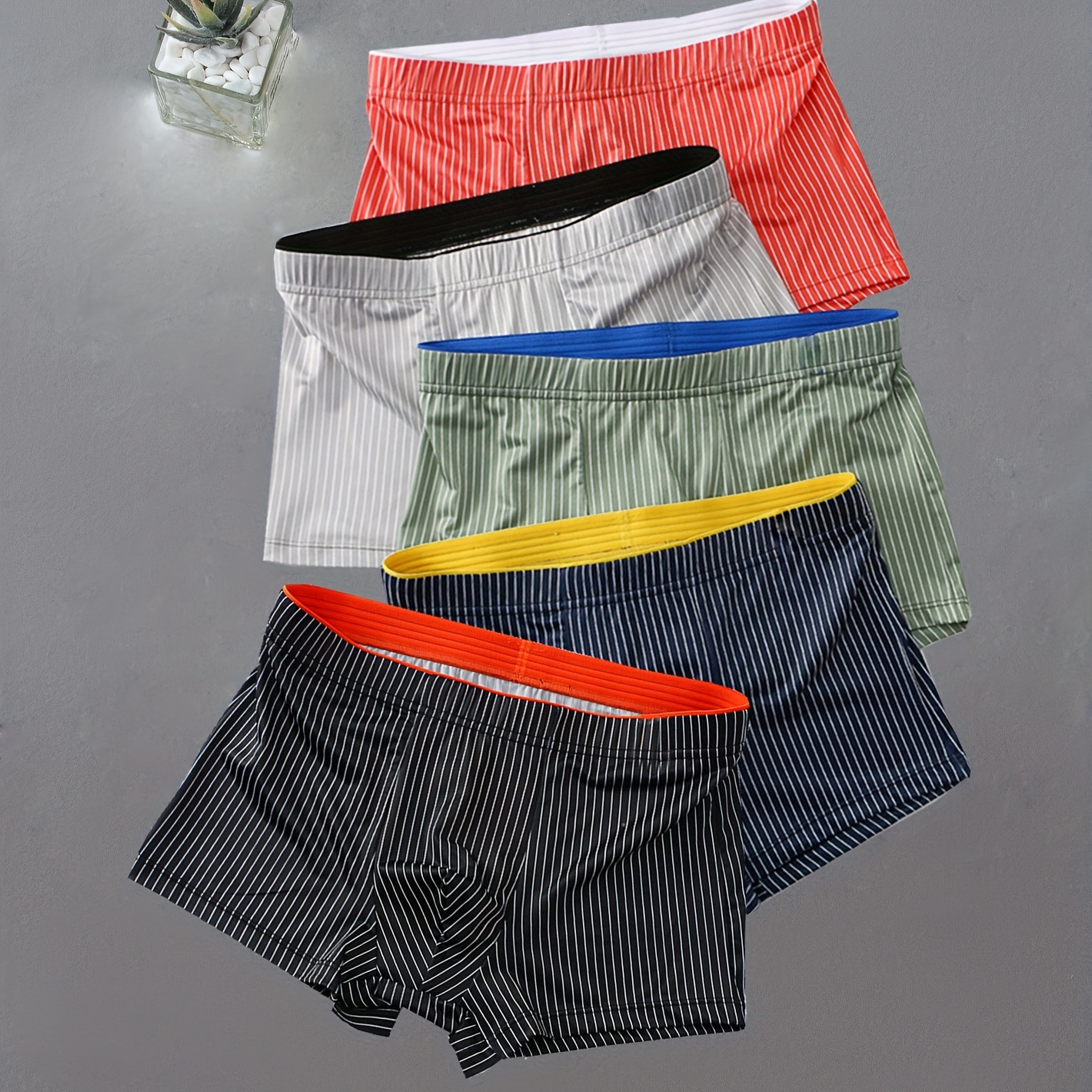 

5pcs Men's Casual Striped Boxer Briefs, Ice Silk Cool Boxer Trunks, Breathable Comfy Stretchy Boxer Panties, Men's Trendy Underwear