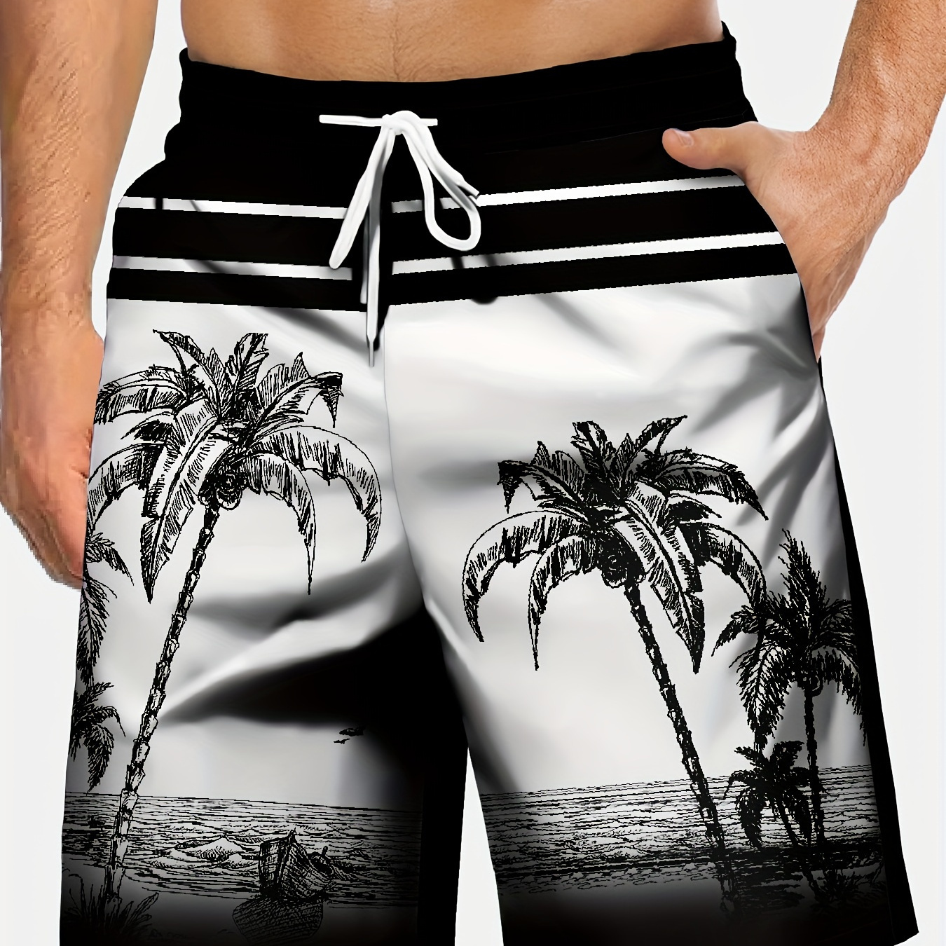 

Men's Casual Beach Shorts With Coconut Tree Print, Quick-dry Drawstring Swim Trunks For Daily Holiday