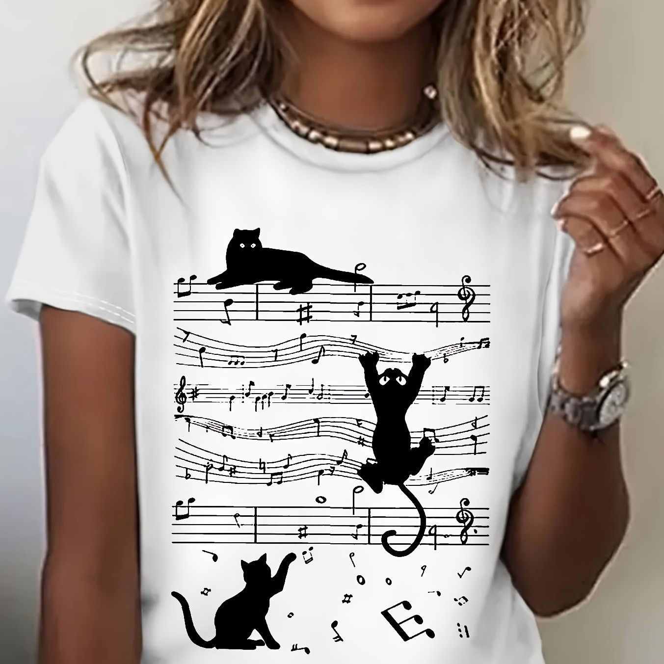 

Cat Print T-shirt, Short Sleeve Crew Neck Casual Top For Summer & Spring, Women's Clothing