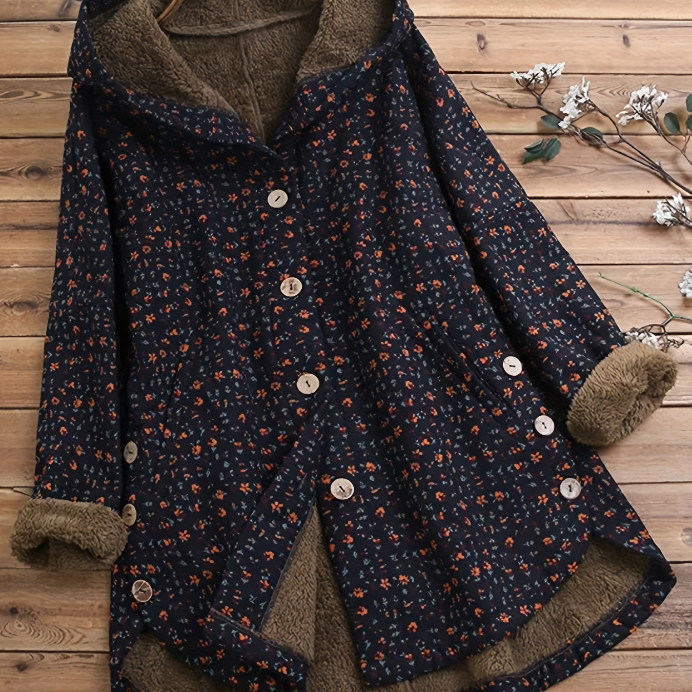 

Vintage Floral Print Fleece Coat For Women, Winter Hooded Long Sleeve Jacket, Outerwear With Plush Lining, Polyester Woven Fabric, For