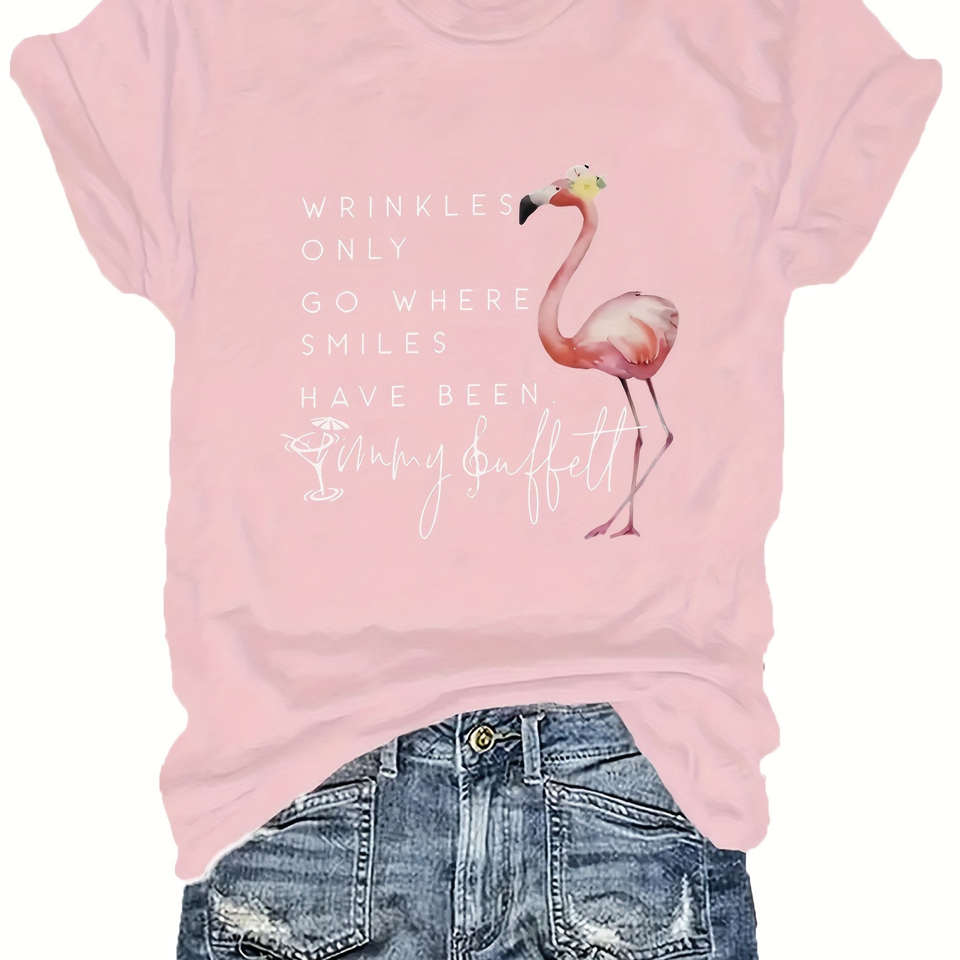 

Plus Size Flamingo & Letter Print T-shirt, Casual Short Sleeve Top For Spring & Summer, Women's Plus Size Clothing
