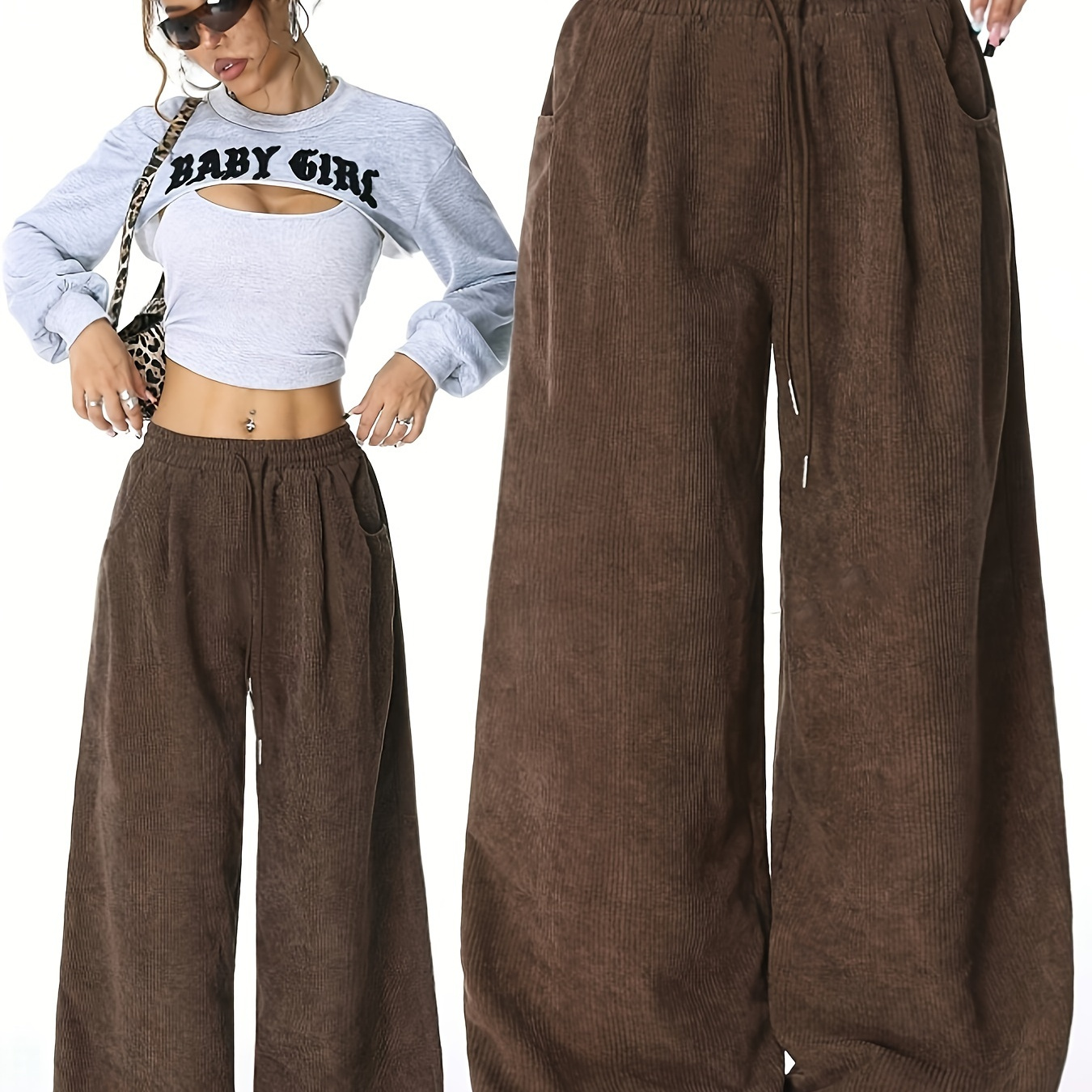 

[casual ] Chic Brown Corduroy Straight-leg Pants For Women - High-waisted, Non-stretch Polyester With Drawstring Waistband, Machine Washable - All