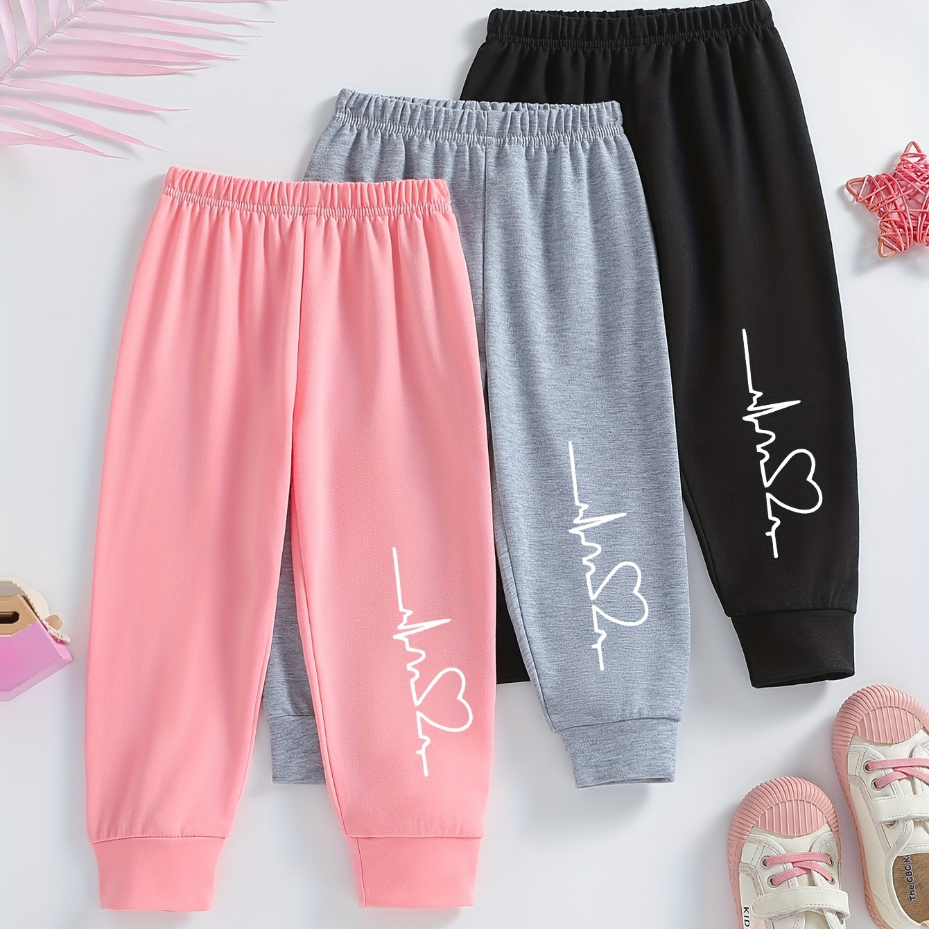 

3 Pcs, Heart Line Print And Other Pattern, Girls Elastic Waist Sweatpants, Casual Comfy Jogger Pants For All The Season