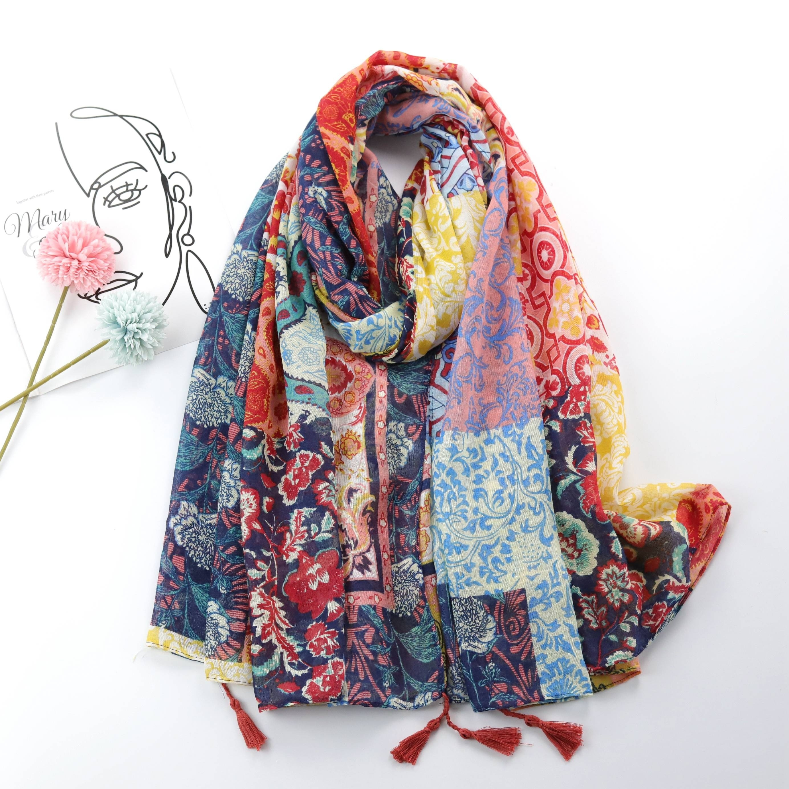 

Boho Floral Print Scarf Vintage Color Block Tassel Shawl Elegant Windproof Head Wrap Women Travel Beach Towel