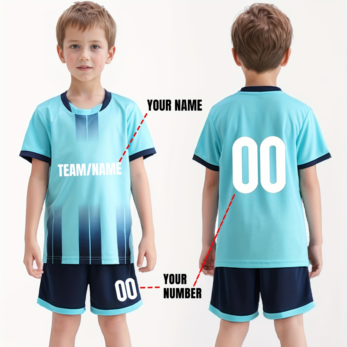 

2pcs Boy's Personalized Soccer Jersey - Customizable Name And Number Print Stripe Decor Short Sleeve T-shirt + -ord Quick-drying Sweat-absorbing Sports Set As Gift