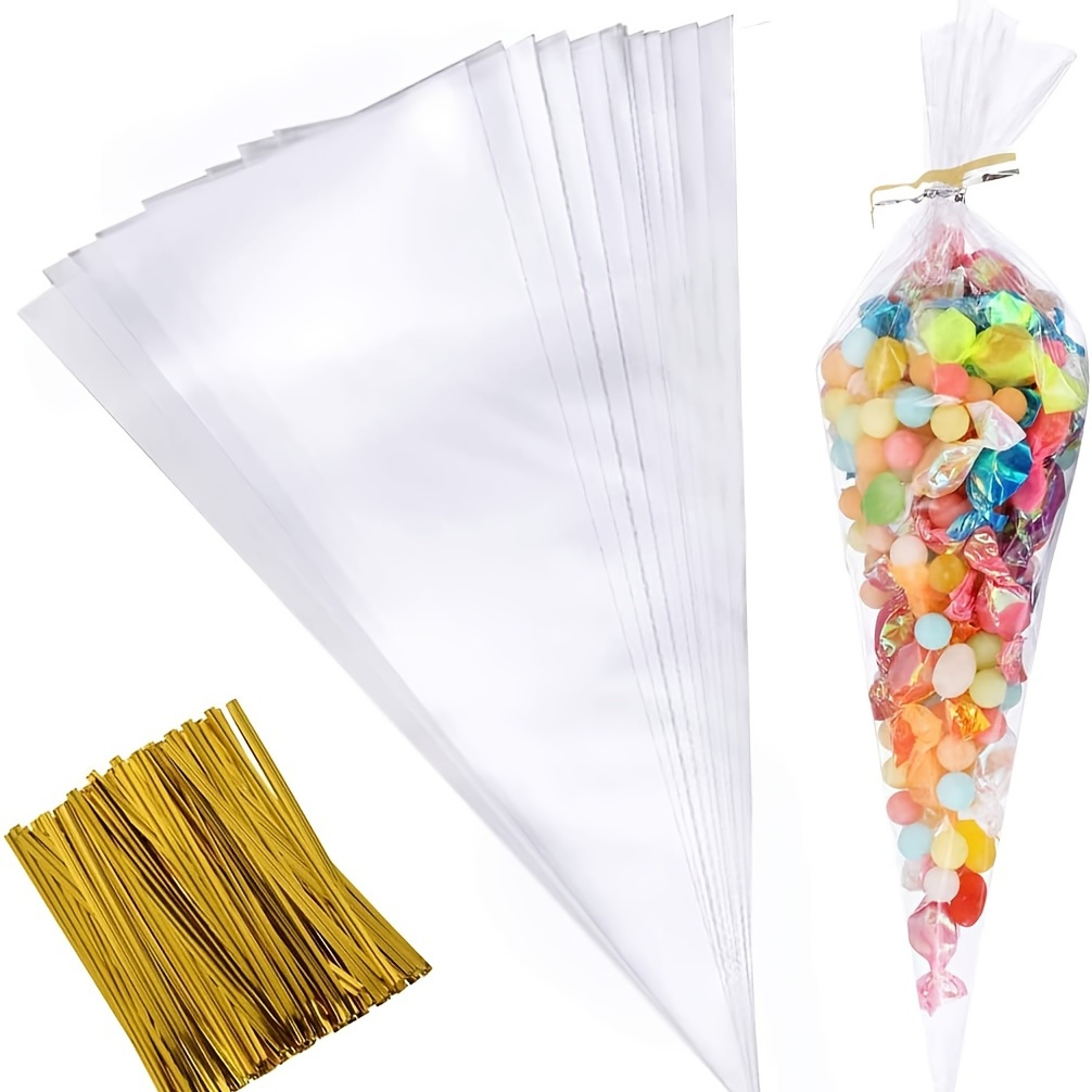 

100pcs Clear Cello Treat Bags, Popcorn Bags 6.3 By 12.2 Inch Triangle Goody Bags With Twist Ties For Candies Handmade Cookies