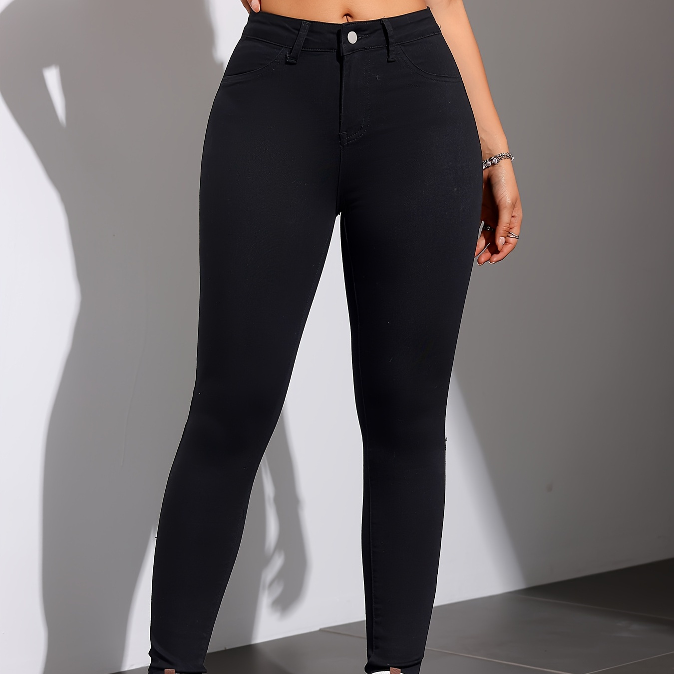 

Femmes Noir Couleur Uni Skinny Extensible Jeans, Style Décontracté, Coupe Confort Denim, Taille Haute, Pantalon Minceur Longue Longueur Pour Automne & Hiver