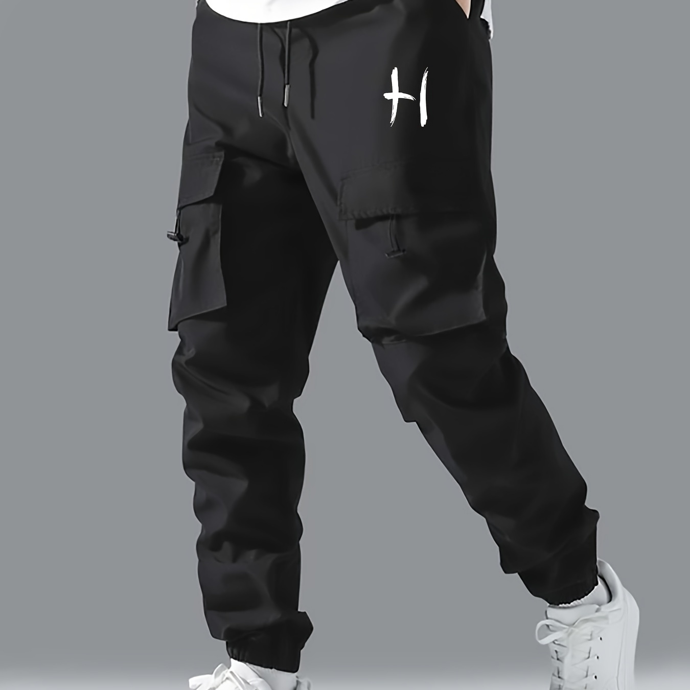 

H Print Men's Multi Pocket Drawstring Cargo Pants, Comfy Casual Pants Joggers