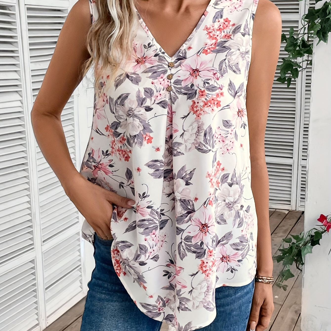 

Floral Print Button Decor Tank Top, Elegant V-neck Sleeveless Tank Top For Summer, Women's Clothing