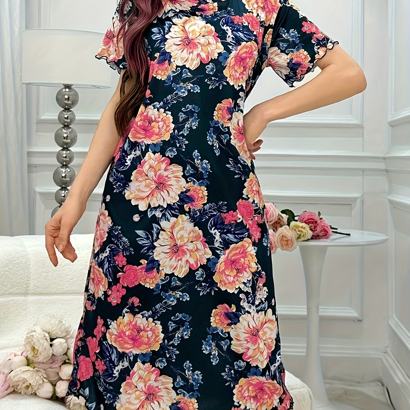 

Women's Floral Print Casual Frill Trim Sleepwear Dress, Short Sleeve Round Neck Midi Dress, Comfortable Nightgown