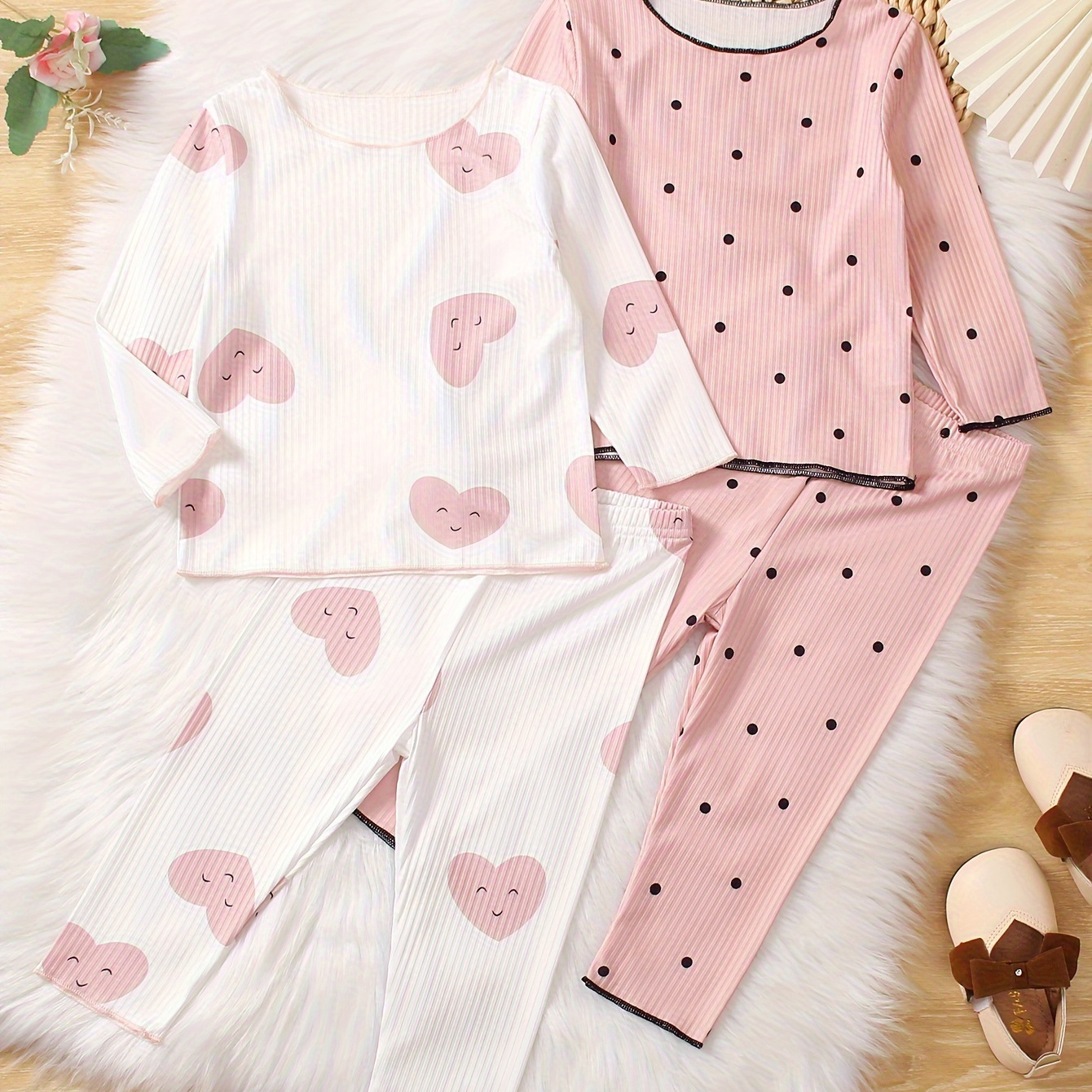 

2 Sets Baby's Cartoon Heart & Polka Dots Pattern Long Sleeve Top + Comfy Ribbed Pants, Toddler & Infant Girl's Clothing Set For Spring Summer